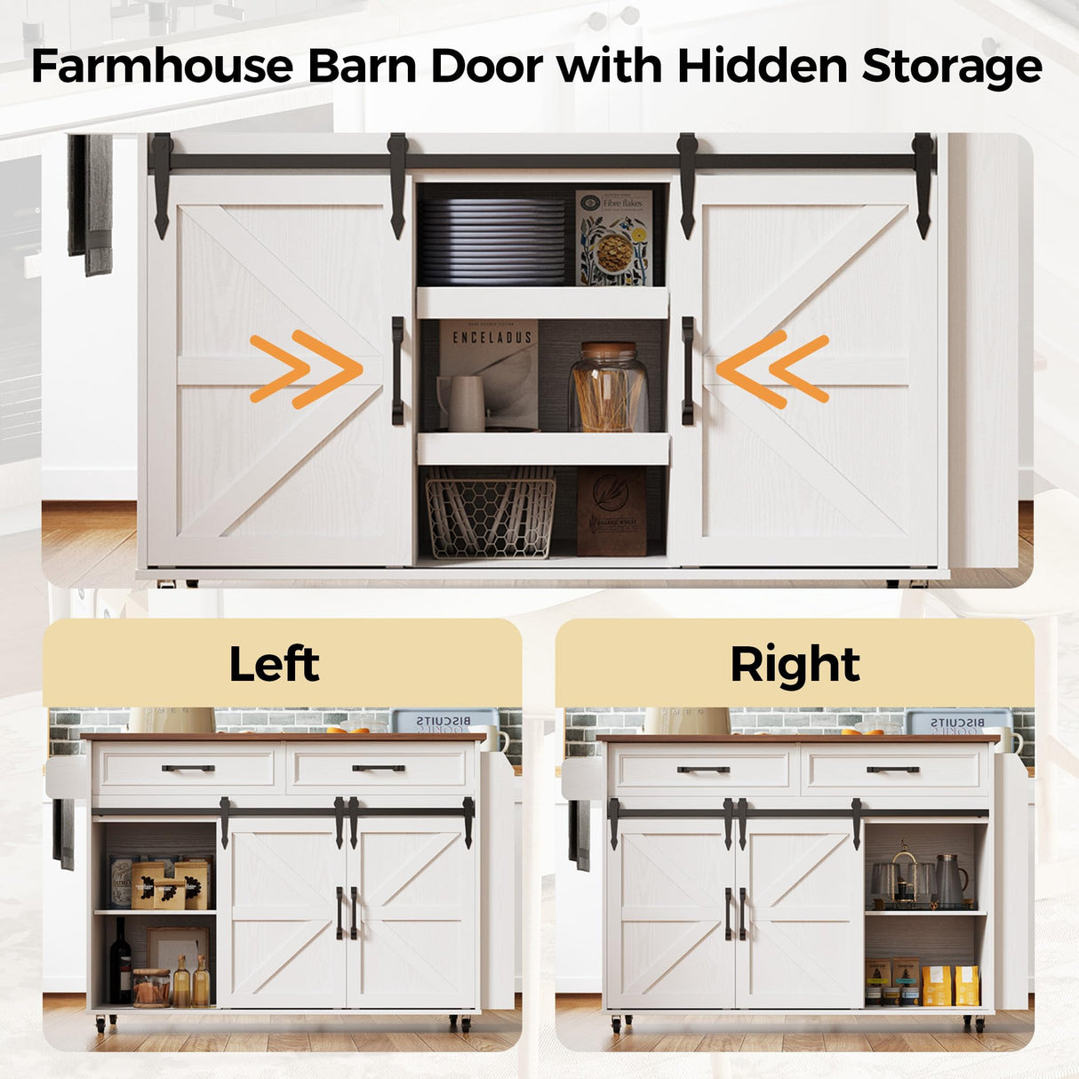 IRONCK Kitchen Island with Storage, Rolling Kitchen Island Cart with Drop Leaf Countertop, Island Table for Kitchen with Pull-Out Shelf, Barn Doors, for Dining Room, Home Bar, White IRONCK