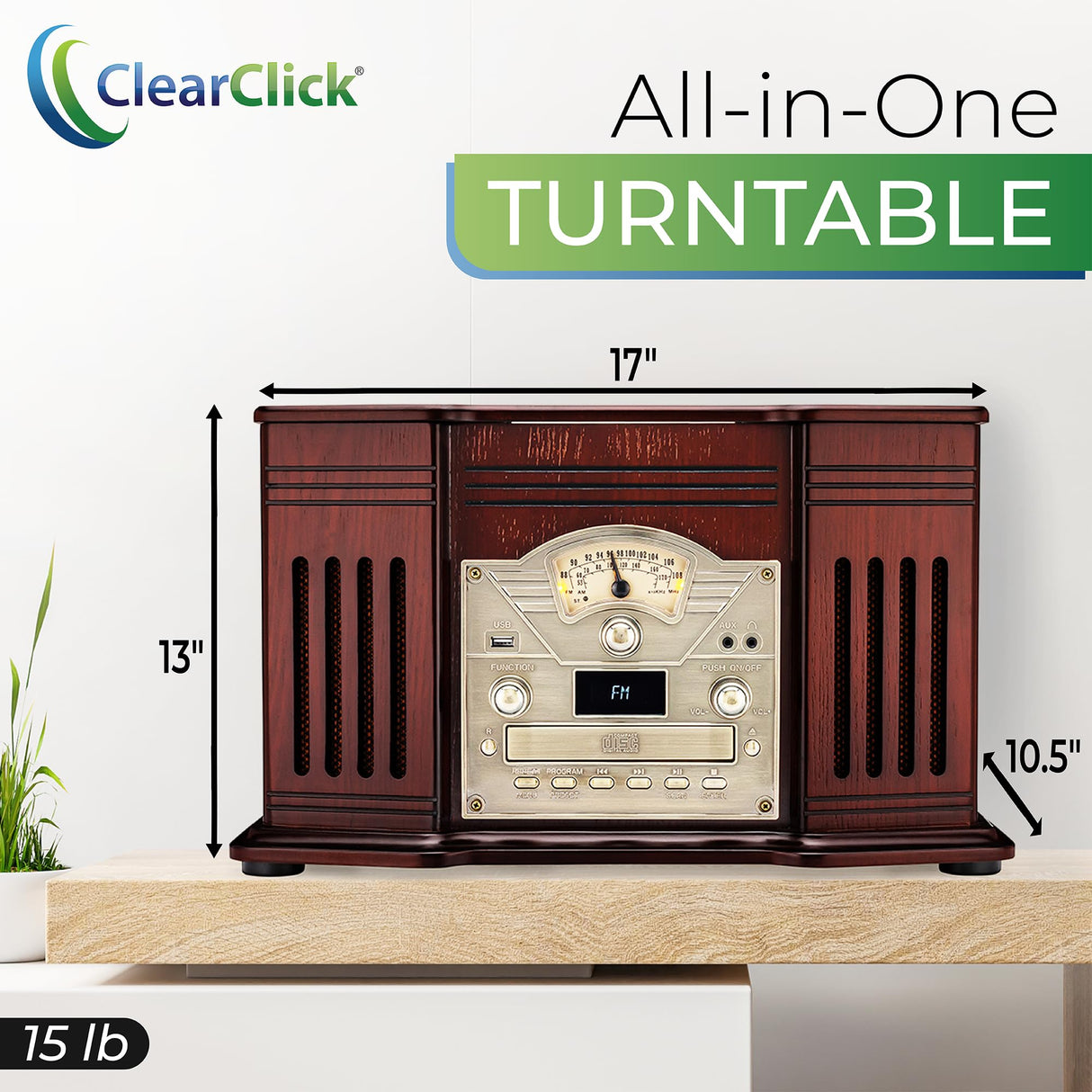 ClearClick All-in-One Turntable with 3-Speed Record Player, Bluetooth, CD, Cassette Tape, AM/FM Radio, Aux, USB, Built-in Speakers, Handmade Wooden Exterior ClearClick