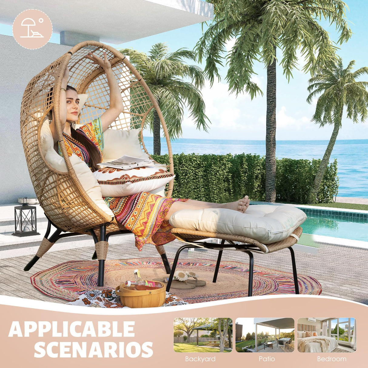 RADIATA Egg Chair with Footrest Outdoor Wicker Patio Egg Chairs with Ottoman for Indoor Bedroom Outside Porch Deck Backyard Garden (Beige) RADIATA