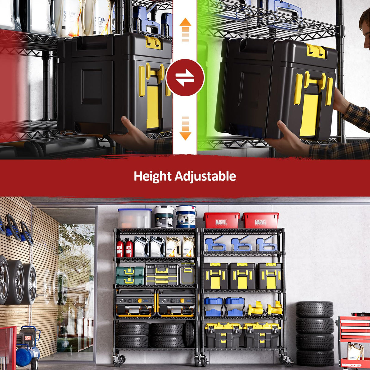 IZEUK 5-Tier Adjustable Heavy Duty Steel Wire Shelving Unit with Wheels, Storage Rack Organizer for Garage, Kitchen, Office, Laundry, Basement (Black, 17.7" D x 47.2" W x 76.7" H, 1750 lbs Capacity) IZEUK