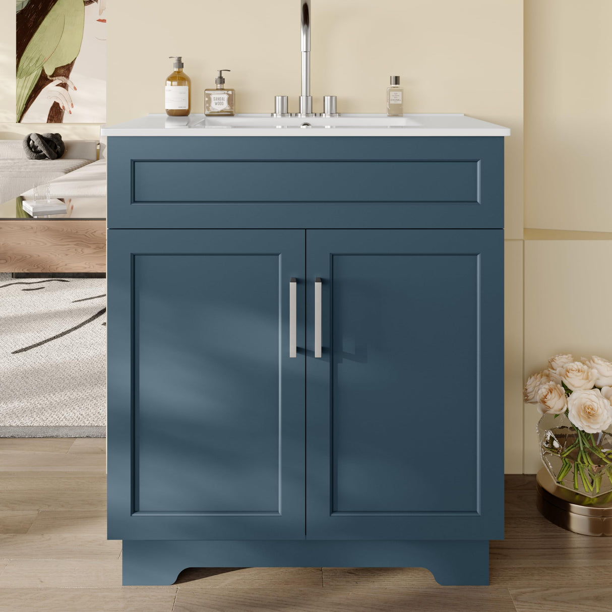 OLD CAPTAIN Bathroom Vanity with Ceramic Sink, 30" Freestanding Bathroom Cabinet Vanity with Storage, Quick Assembly Bathroom Vanity, Blue OLD CAPTAIN