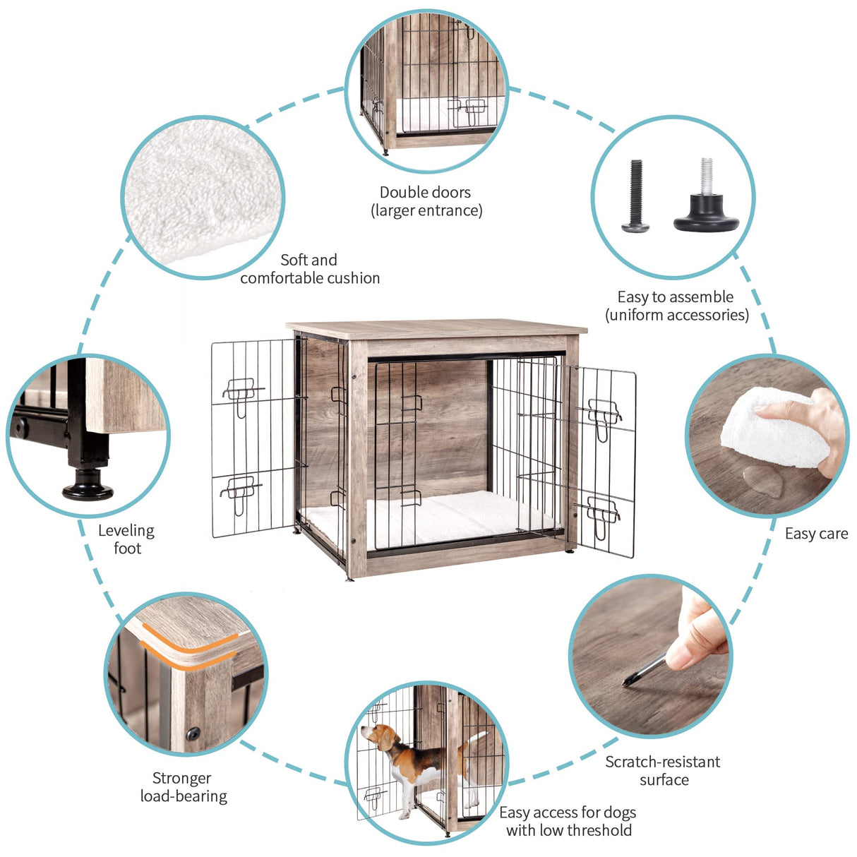 DWANTON Dog Crate Furniture with Cushion, Wooden Dog Crate with Double Doors, Dog Furniture, Dog Kennel Indoor for Small/Medium/Large Dog,End Table, Small, 27.2" L, Greige Dwanton