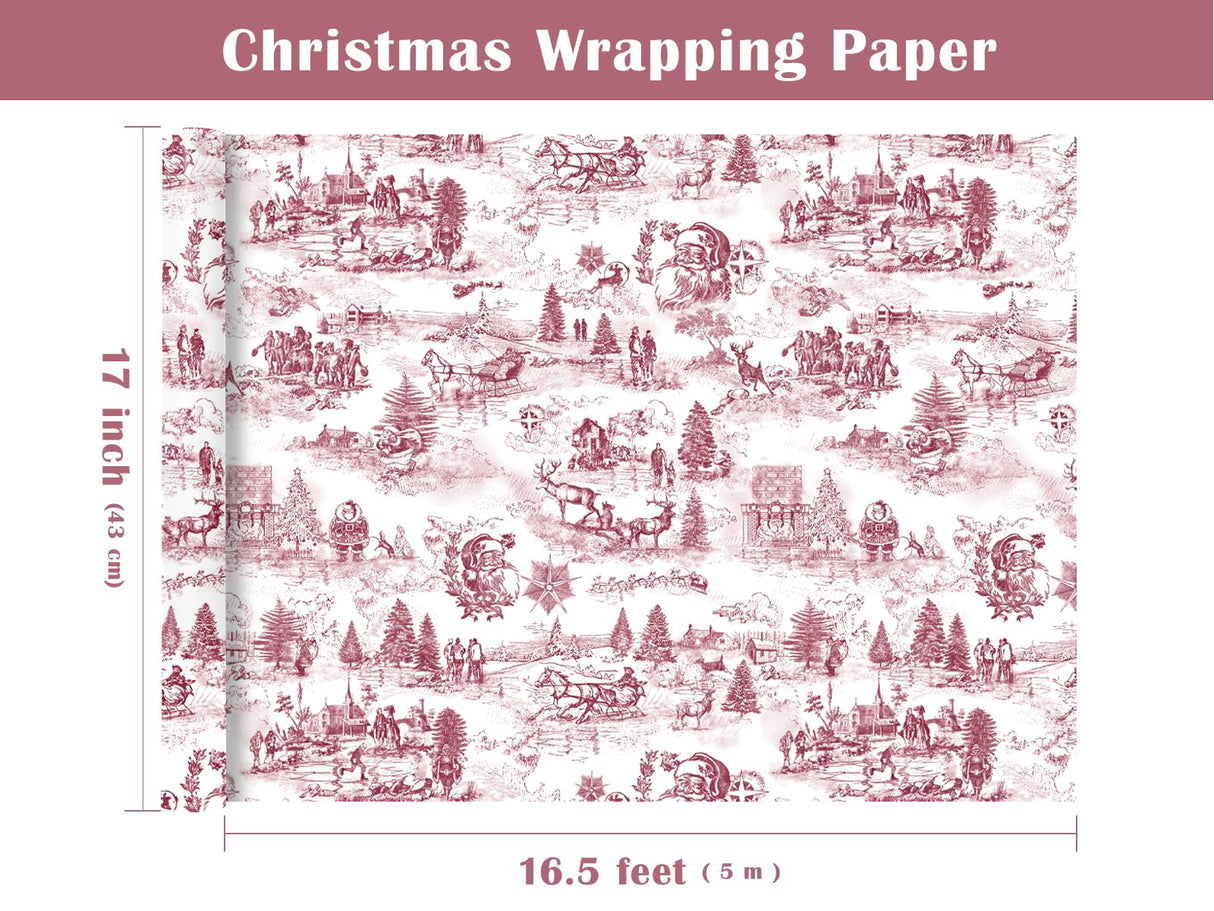 WRAPAHOLIC Toile Vintage Christmas Wrapping Paper - Mini Roll - 17 Inch x 16.5 Feet - Santa Toile de Jouy Red Christmas Wrapping Paper for Xmas Holiday, Party Celebration WRAPAHOLIC