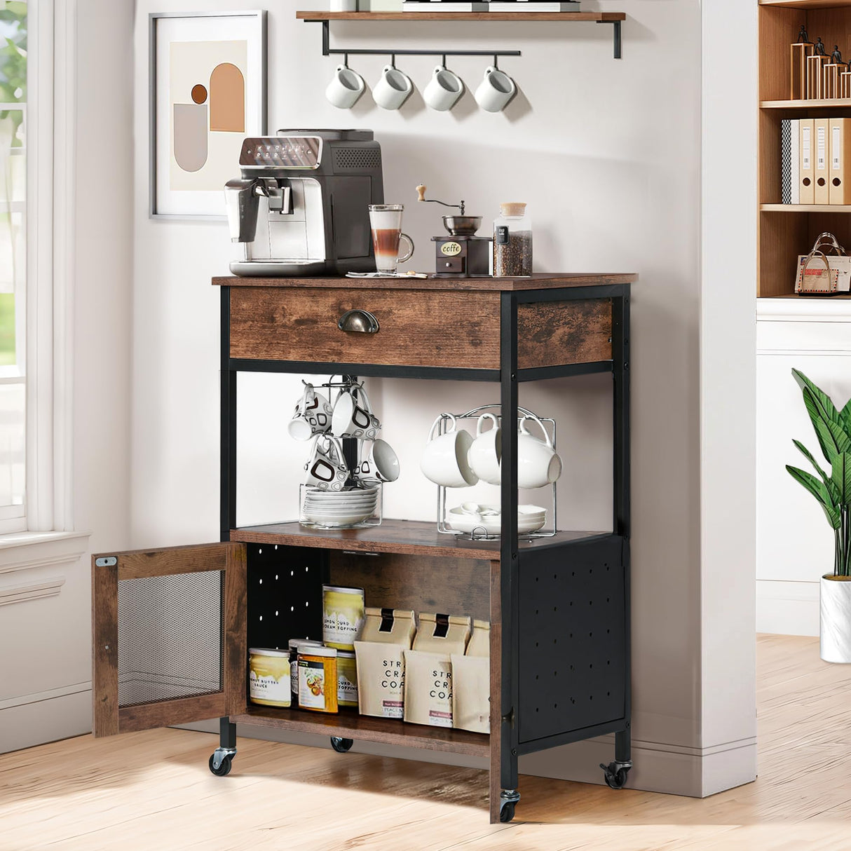 Catrimown Coffee Cart with Storage, Coffee Bar Cabinet on Wheels, Small Microwave Cart with Drawer for Kitchen, Living Room, Rustic Brown Catrimown