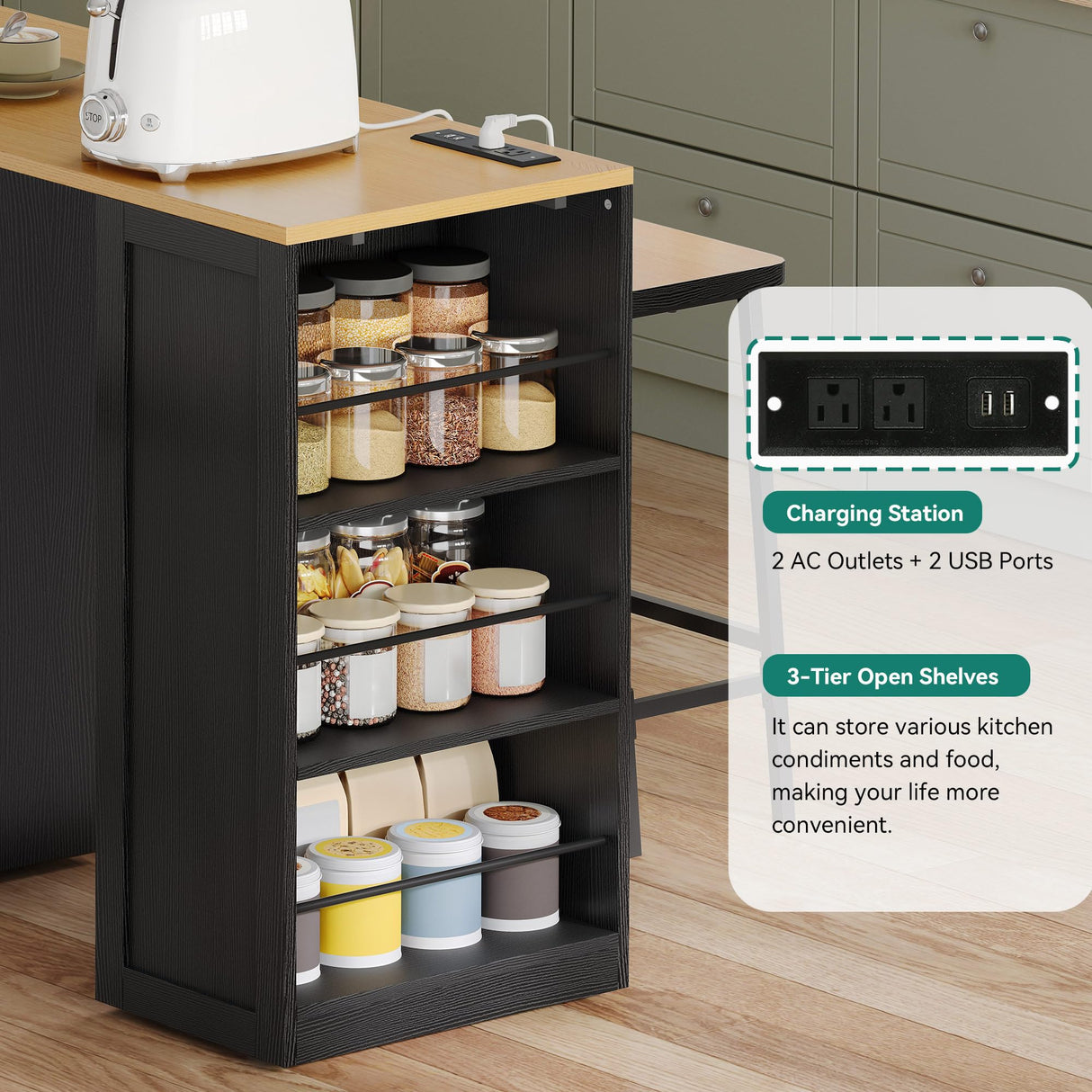 YITAHOME 67 inch Kitchen Island with Seating & Extendable Dining Table, Mobile Storage Islands with 2 Chairs, Rolling Expandable Island with Power Outlet, 3-Tier Spice Rack, L-Shaped Cart (Black) YITAHOME