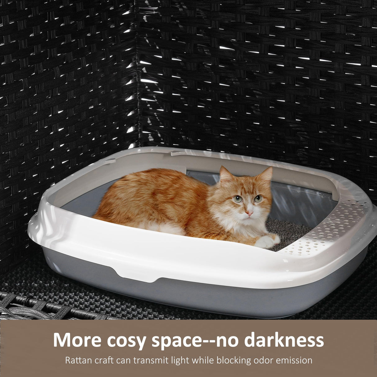 Cat Litter Box Enclosure with Soft Litter Mat; Hidden Cat Washroom Furniture with Door; Handwoven Rattan Cat House with Large Space; Pet Crate for Living Room, Bedroom, Balcony (Black) Honiakaka