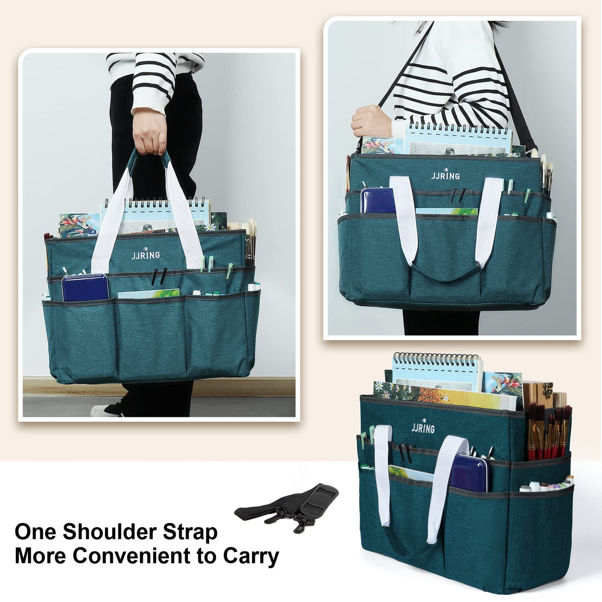 JJRING Craft Organizer Tote Bag, Large Art Storage Caddy with Multiple Pockets, Bluish Green Sewing Bag for Art, Craft, Scrapbooking, School, Medical, and Office Supplies Storage JJRING