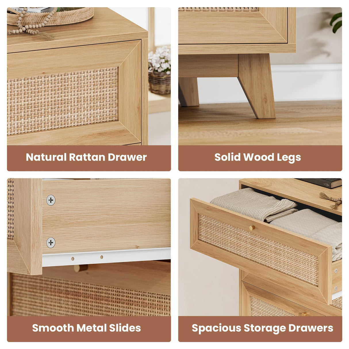 VIAGDO Rattan Dresser for Bedroom, 5 Drawer Dresser with Natural Rattan Drawers, Wooden Tall Dresser with Gold Handles, Modern Closet Dressers Chest of Drawers for Nursery Entryway Living Room VIAGDO