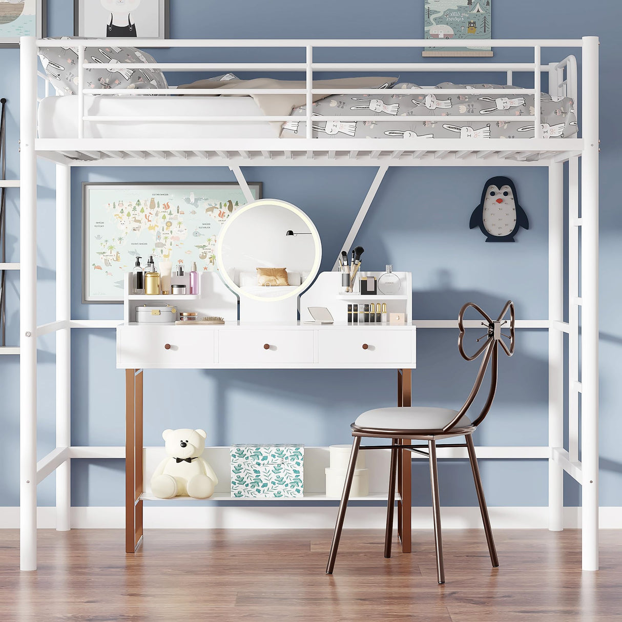 VECELO Twin Size Loft Bed with Full-Length Guardrails and Removable Ladder, Heavy-Duty Metal Frame, Space-Saving Design & Noise-Free, White VECELO