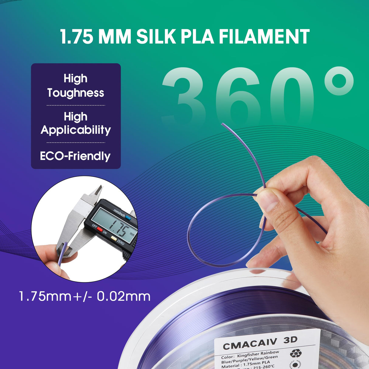 2024 Upgrade S-Series Silk PLA 3D Printer Filament, Shiny Multicolor Rainbow PLA Filament 1.75mm, Spiral Random Change PLA 3D Printing Filament for Most FDM, Kingfisher +/-0.02mm, 1kg/2.2lb CmaCaiv