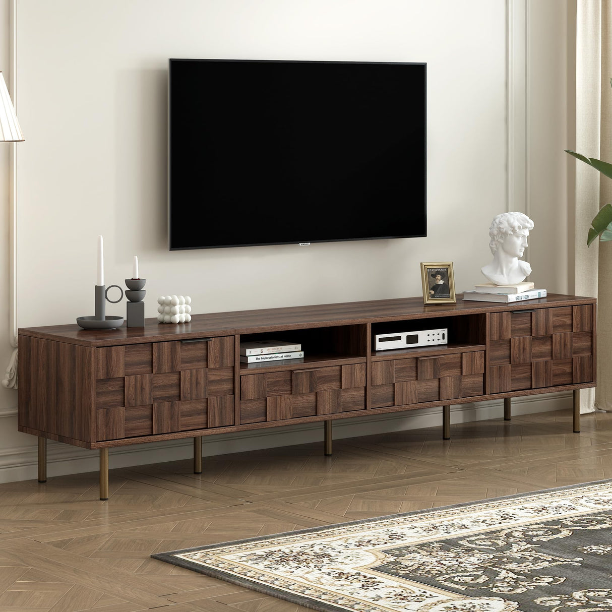 Merax Modern Wood TV Stand Consoles for Living Room, Mid-Century Solid Wood Entertainment Center with Storage Cabinets, Practical Media Console for TVs Up to 85'', Dark Brwon Merax