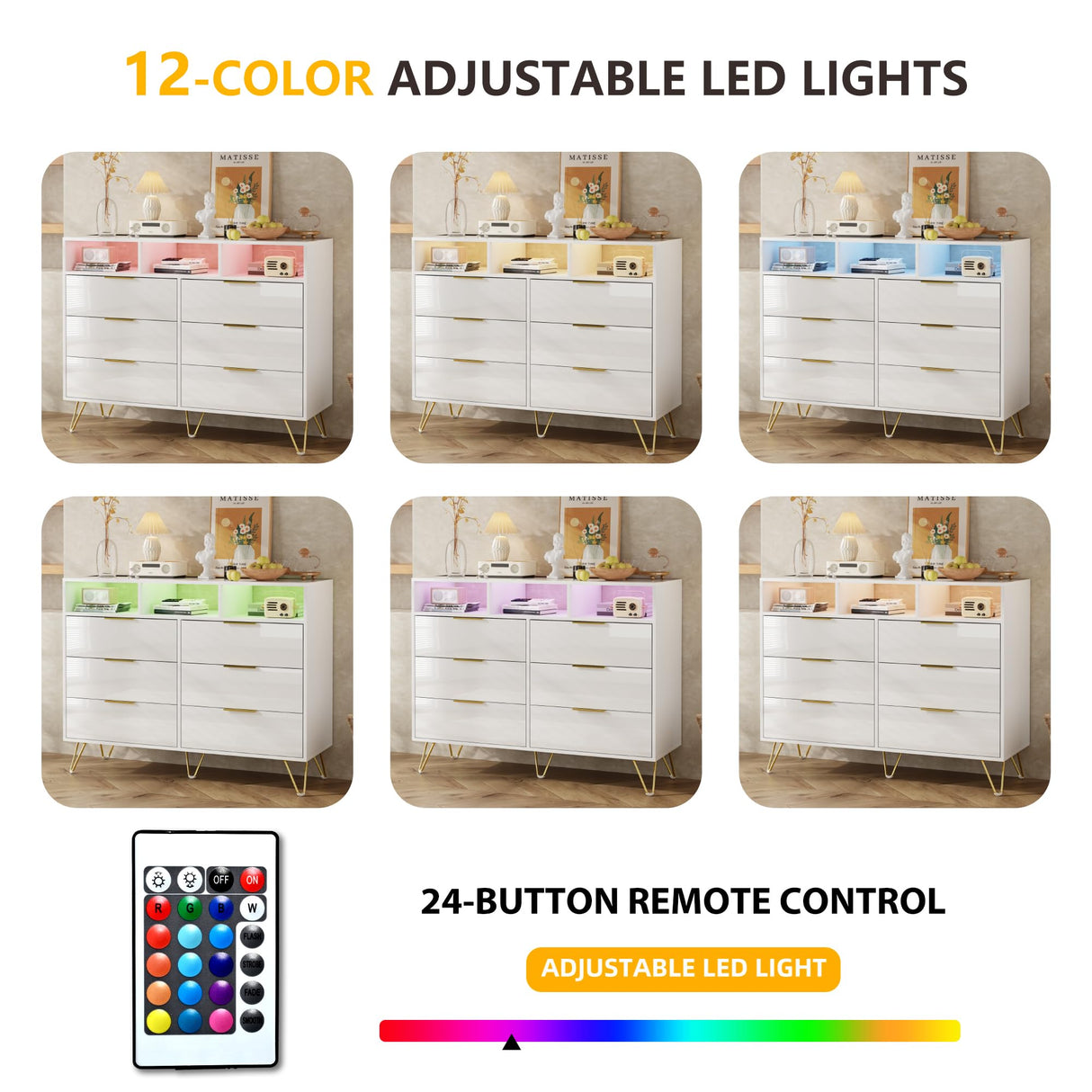 Furnivado Dresser for Bedroom, 6 Drawer Dresser with Led Lights, Modern White Dresser with 3 Open Shelves, Wood Wide Chest of Drawers Storage Organizer, White Dresser with Led Lights Furnivado