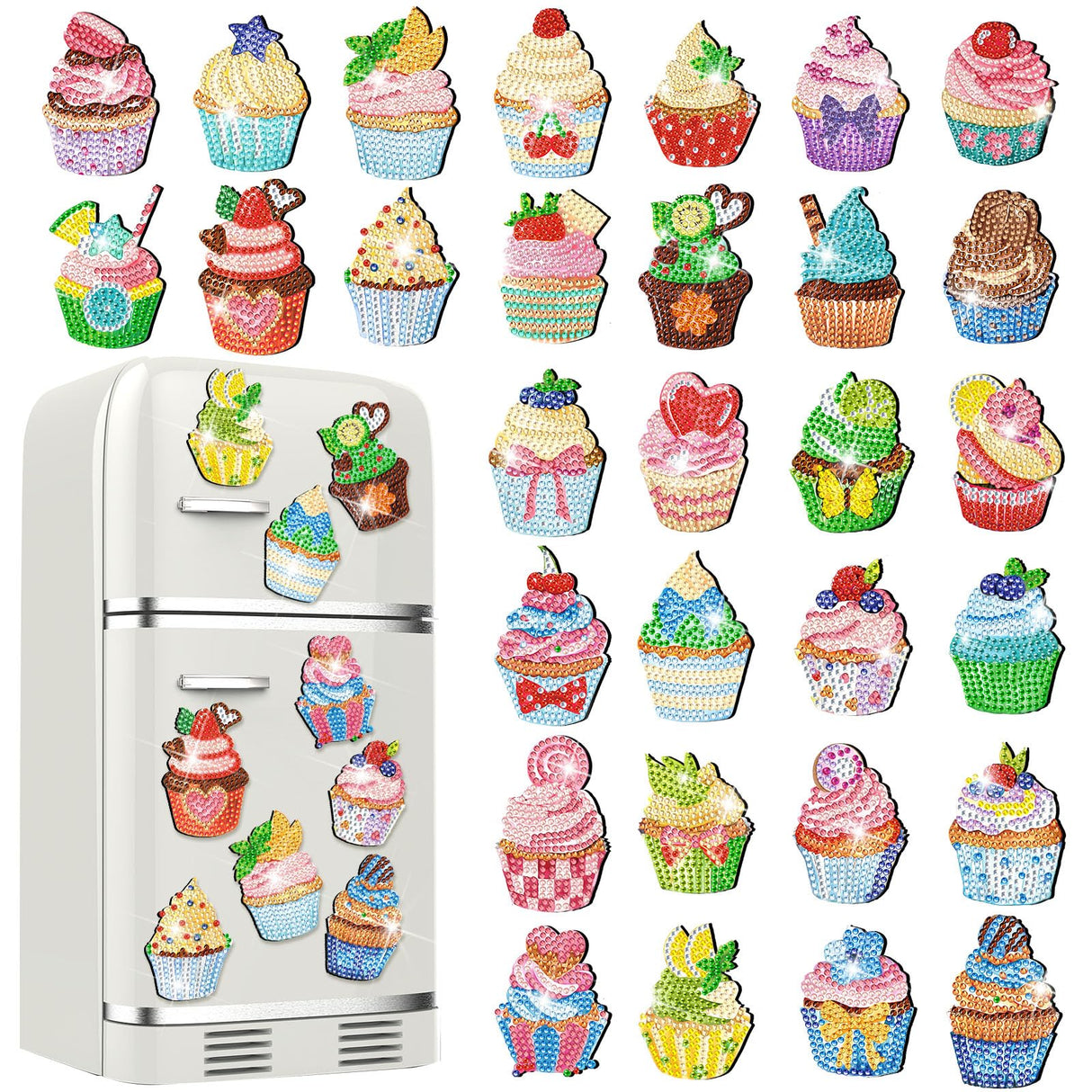 Remuuly 30 Pcs Diamond Painting Magnets Summer Diamond Art Magnet Kits for Adults Spring Flower Animal Cupcake 5D Rhinestones Refrigerator Magnetic Stickers for Fridge DIY Crafts Gifts(Cupcake) Remuuly