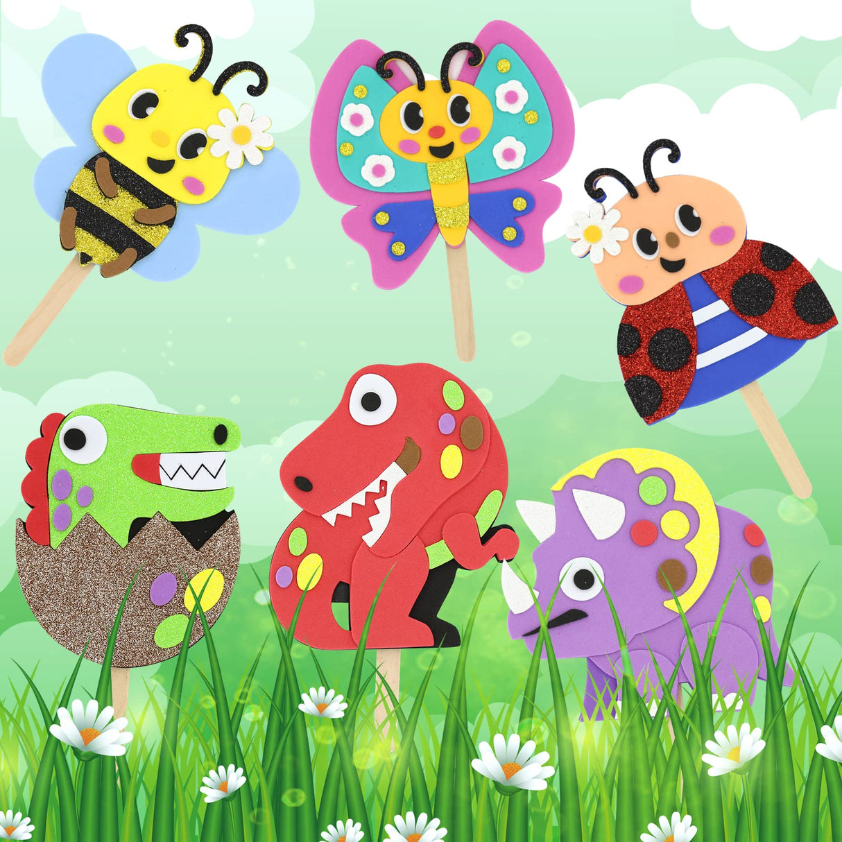 VKPI Make 6 Popstick Puppets Craft Kits for Kids, Foam Crafts, Story Time Toys for Ages 4+ Toddler, Dinosaurs, Butterfly, Preschool Projects Art Crafts, Birthday Holiday Gift VKPI