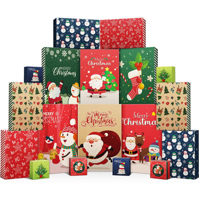EverMerry 18 Piece Christmas Gift Boxes, with Lids for Presents Decorative Shirt Box for Xmas Holiday, Gift Wrapping with 12 Designs and 4 Sizes for Christmas Shirt, Sweaters