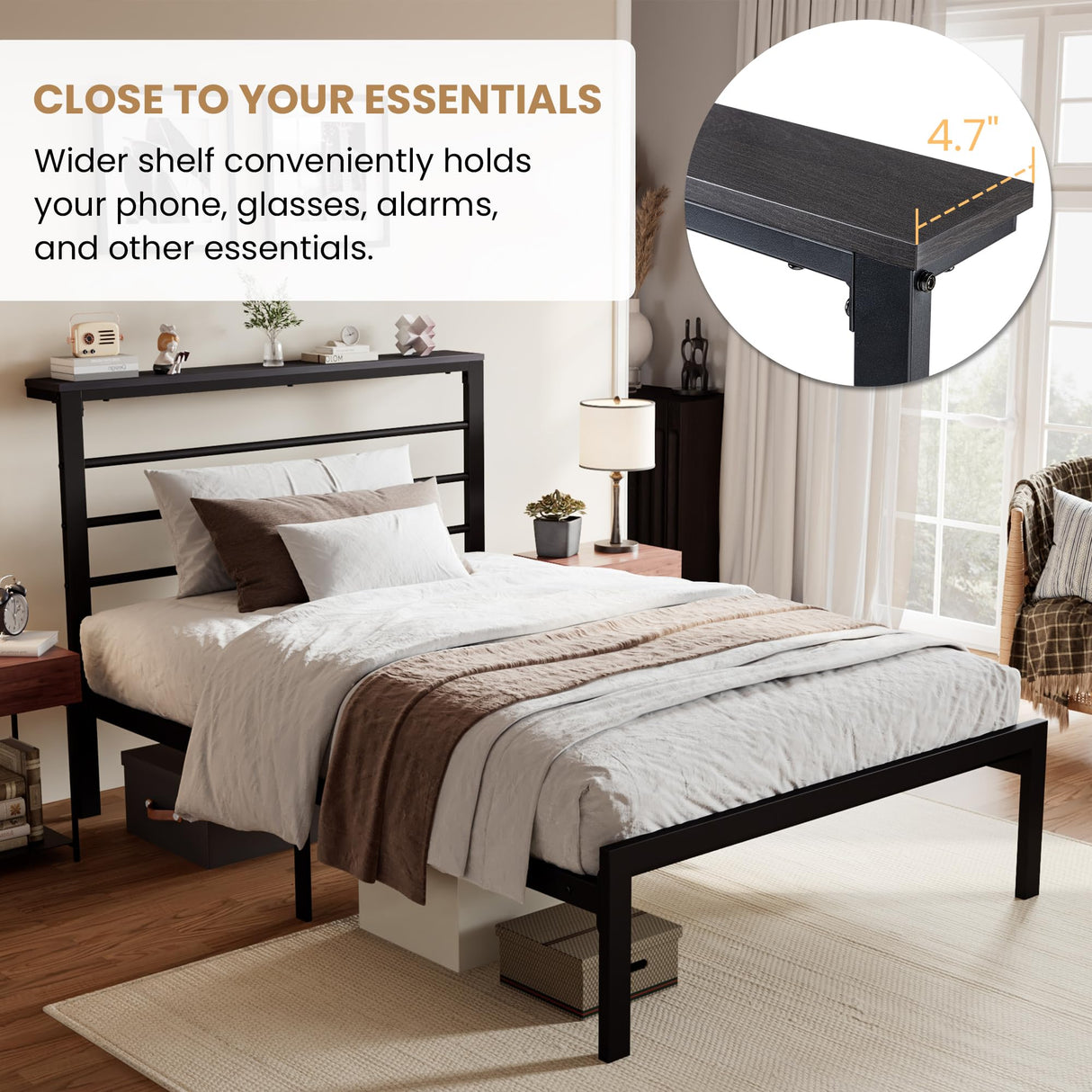 SHA CERLIN Heavy Duty Twin Bed Frame with Practical Headboard Shelf and Strong Metal Support SHA CERLIN