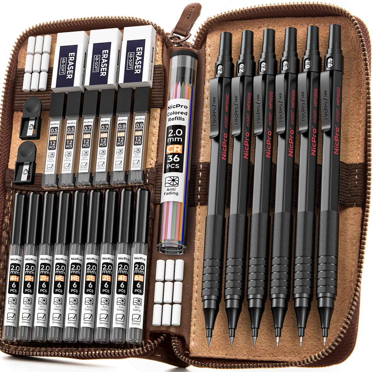 Nicpro 30PCS Black Metal Mechanical Pencil Set in Leather Case, Art Drafting Pencil 0.5, 0.7, 0.9 mm, 2mm Lead Pencil Holders for Sketching Drawing With 16 Tube (6B 4B 2B HB 2H 4H Colors)Lead Refills Nicpro