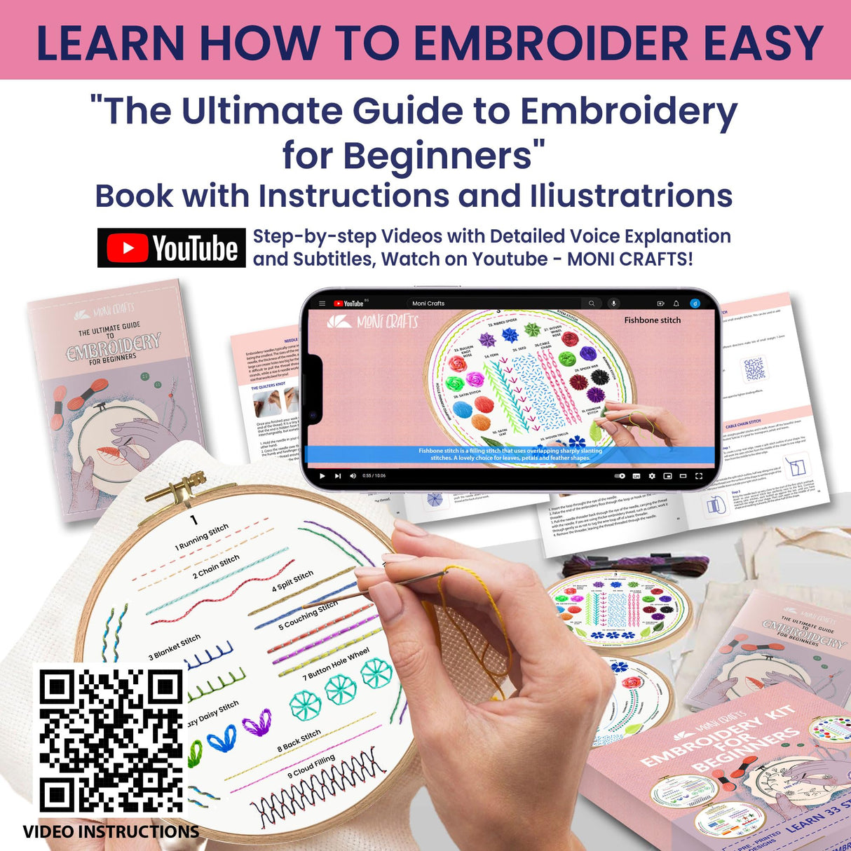 Moni Crafts Embroidery Kit for Beginners – DIY Hand Embroidery Set for Adults and Kids with 4 Stamped Patterns, Hoop, Threads, Needles and Step-by-Step Stitch Guide to Learn 33 Stitches Moni Crafts