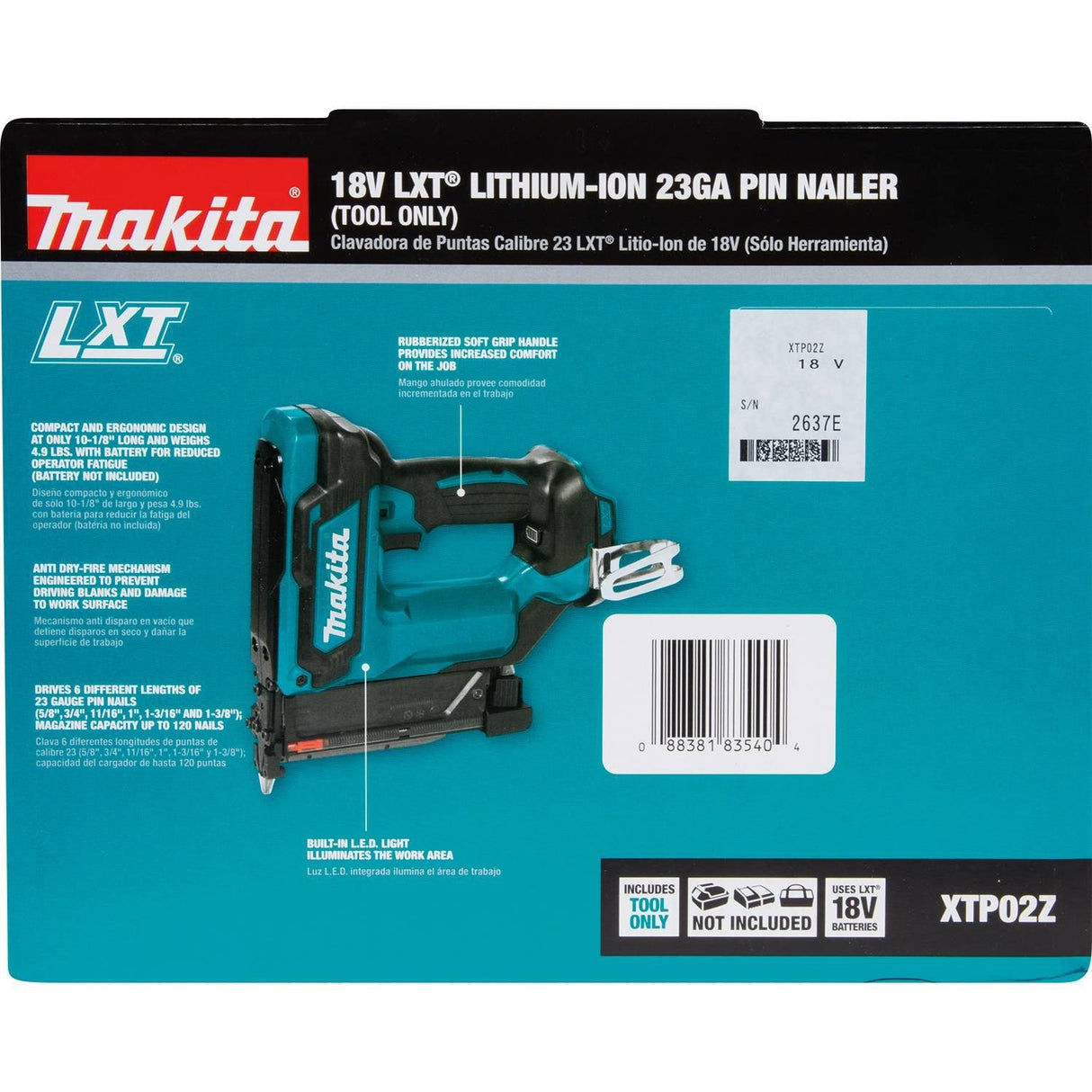 Makita XTP02Z 18V LXT Lithium-Ion Cordless 1-3/8" Pin Nailer, 23 Gauge, Tool Only Makita