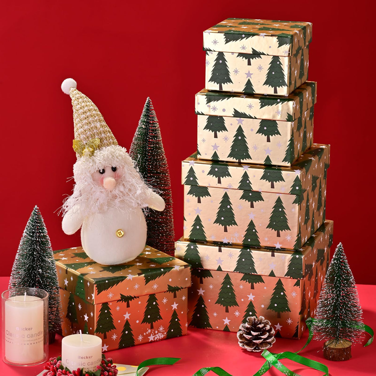 PAPER FAIR 5PCS Christmas Nesting Gift Boxes Set, Gold Foil Green Xmas Tree Flat Square Cardboard Nested Box with Lid, for Gift Wrapping Holiday Present Birthday, Assorted Size PAPER FAIR