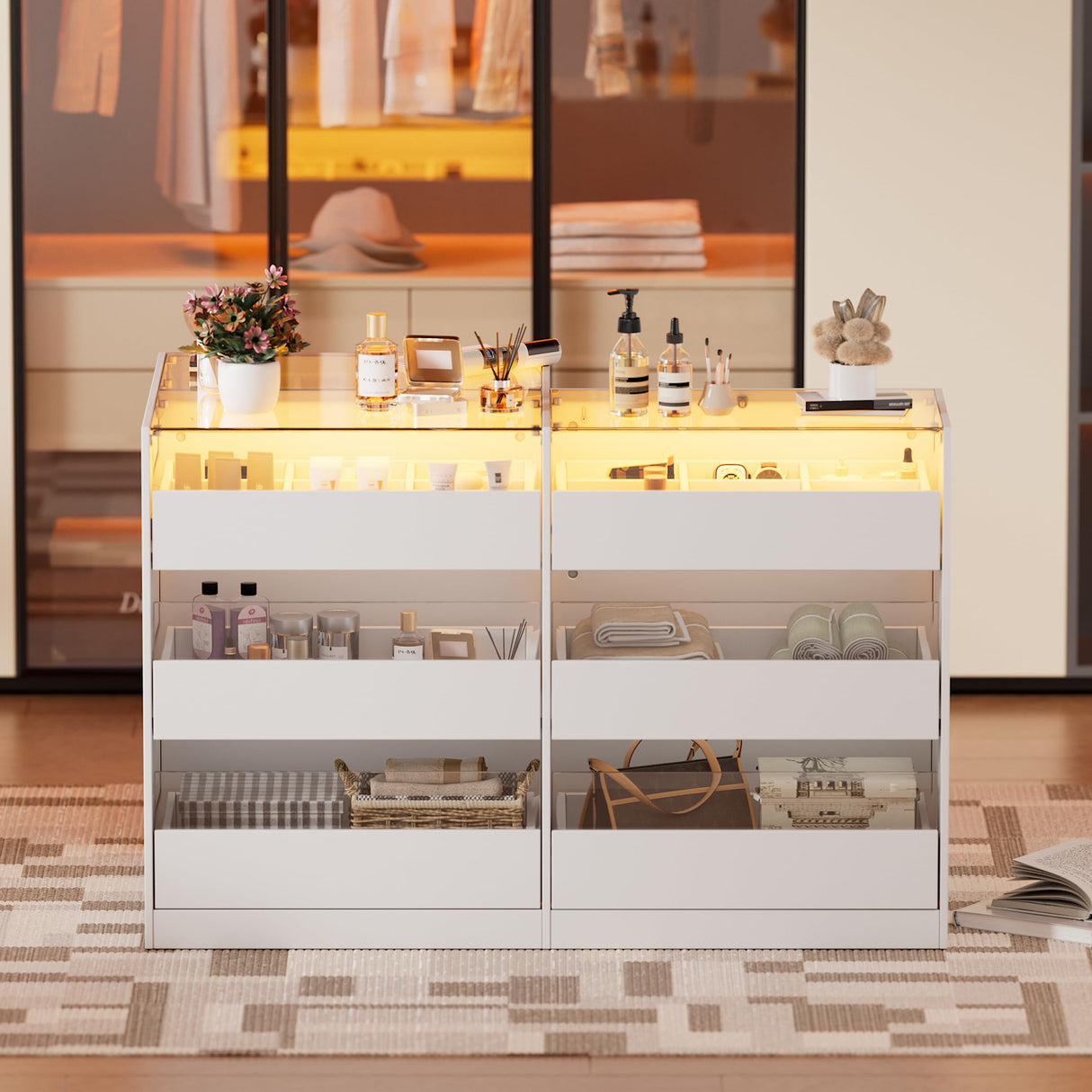 PakaLife Armoire Wardrobe Closet Island with 9 Drawers,Led Lights,Glass Tabletop,Bedroom Island with Jewelry Organizer,Storage Bench with Cushion,Island Dresser with Display Shelf for Fitting Room PakaLife