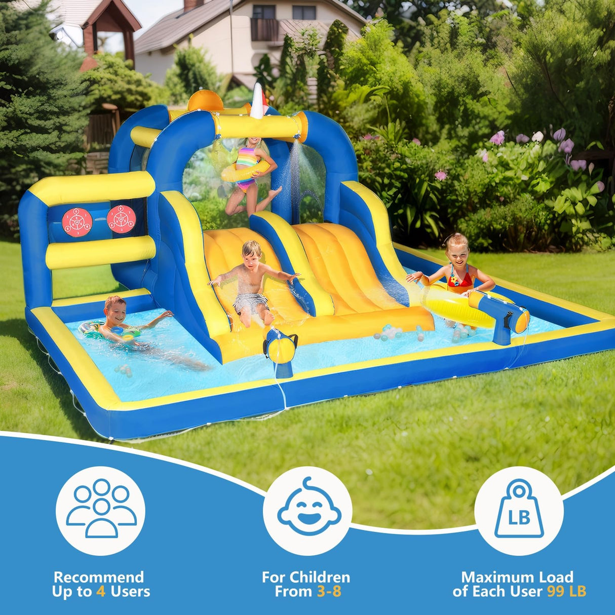 Ktaxon Inflatable Bounce House, Jumping Outdoor Air Castle Children Bouncer Double Water Slide with Air-Blower for Backyard, Park, Lawn (181" L x 181" W x 86.7" H) Ktaxon