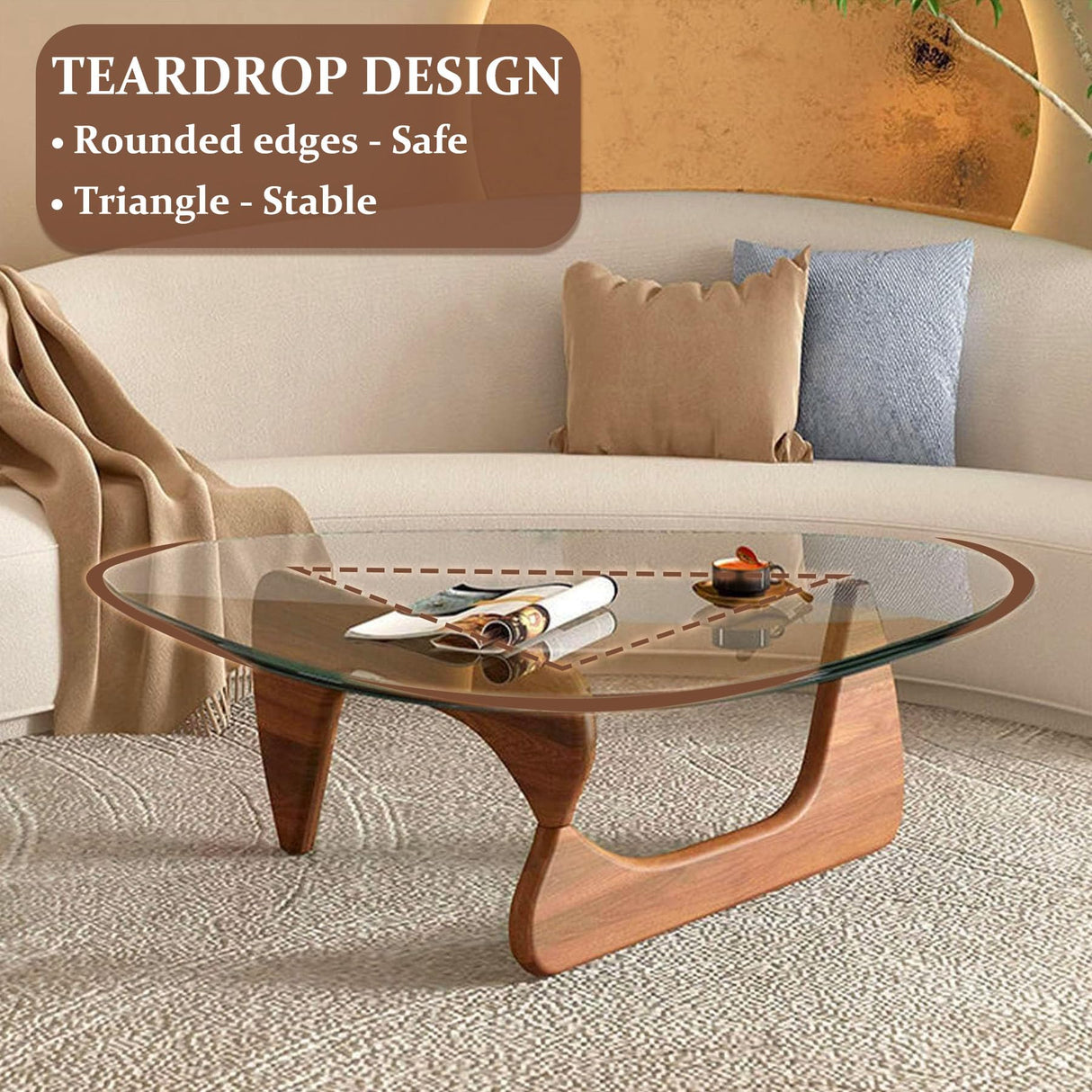 Triangle Coffee Table in Walnut Mid Century Modern Solid Wood Base and Triangle Clear Glass Coffee Table for Living Room Low Minimalist Tea Table Coffee Tables (36 * 25.6 * 16, Walnut Transparent) PRITIY