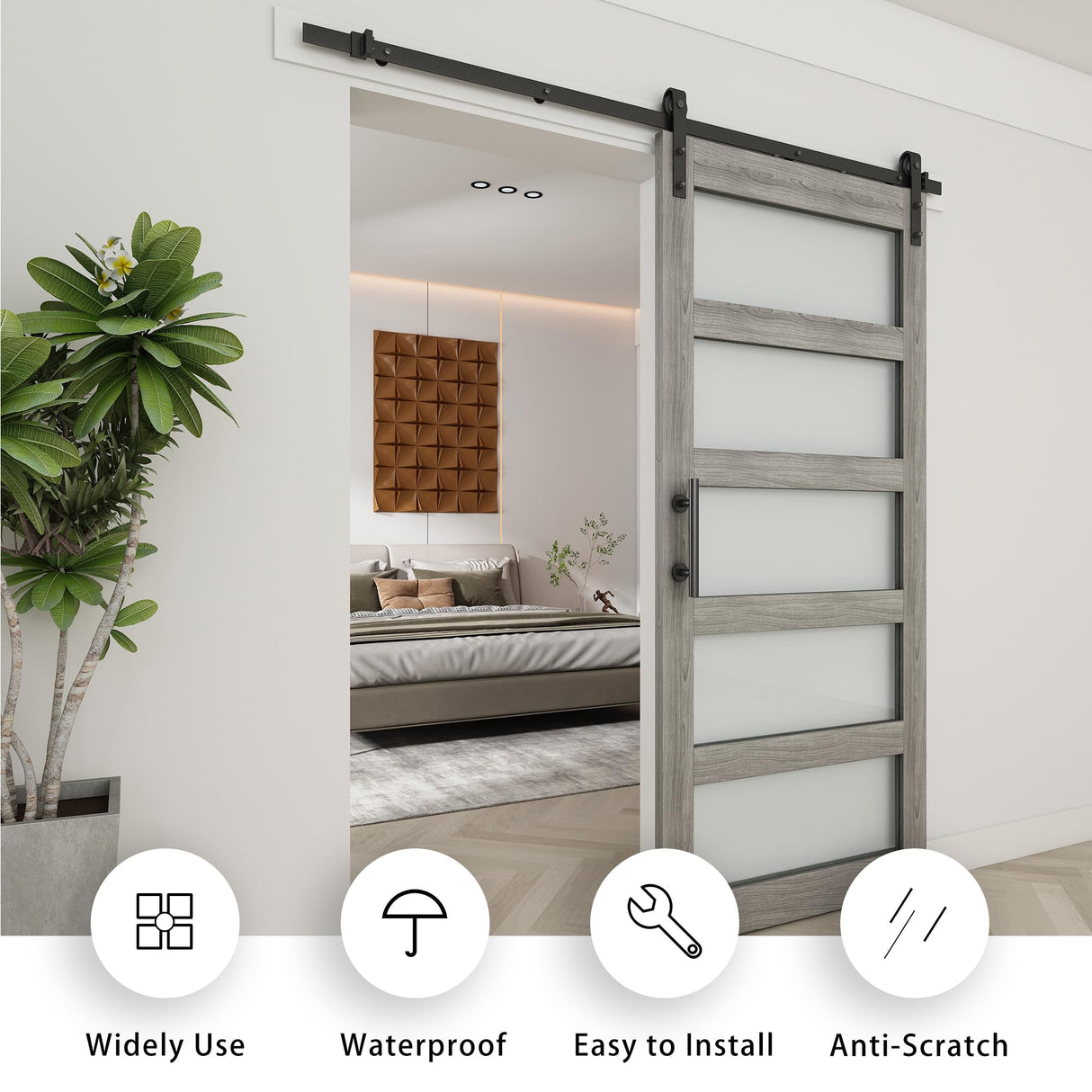BARNSMITH 36in x 84in Glass Barn Door with 6.6FT Sliding Door Hardware Kit included & Handle,5-Panel Frosted Glass Solid Wood Slab with Water-Proof PVC Surface,Pre-Drilled Easy Assembly,Grey BARNSMITH