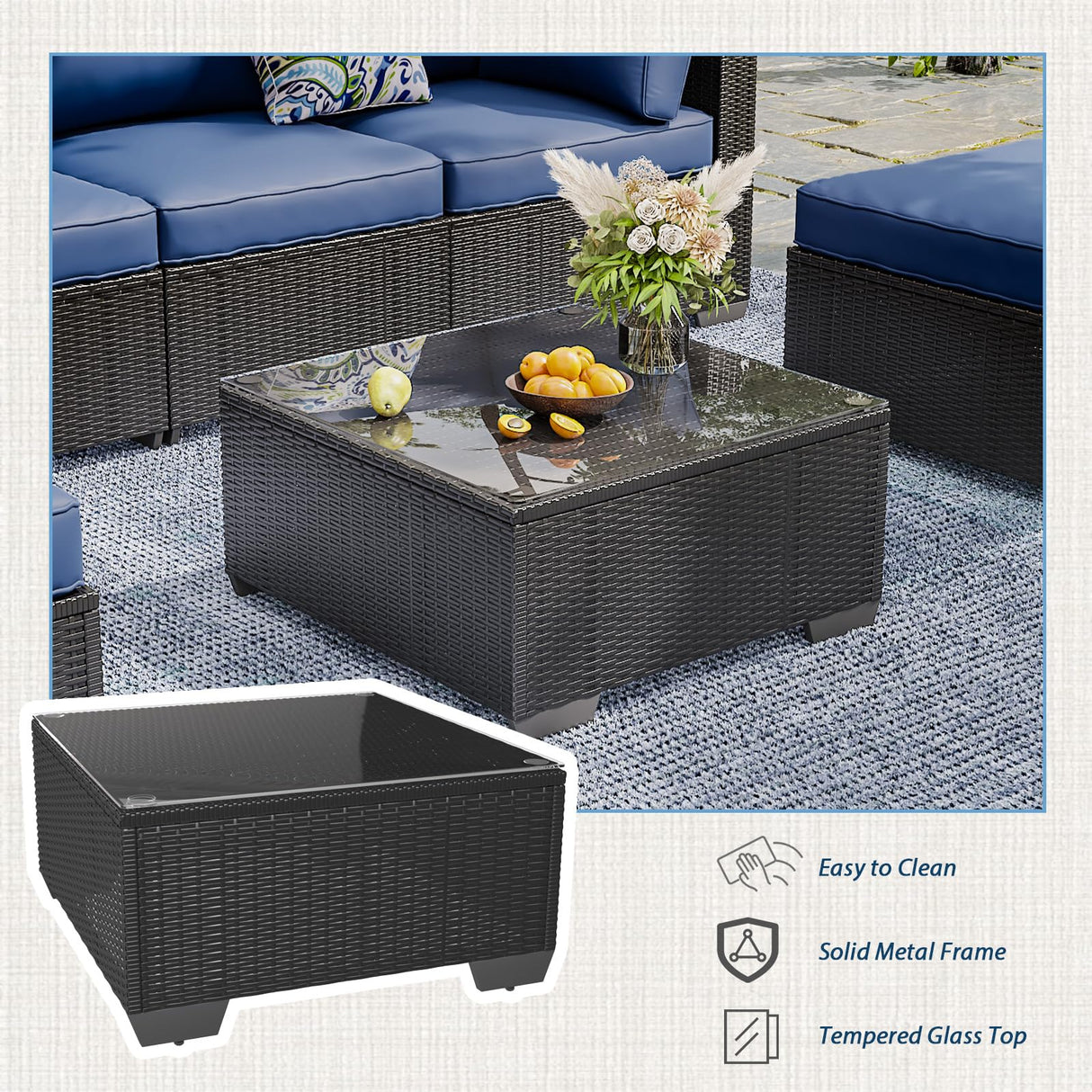 AECOJOY 7 Piece Outdoor Patio Furniture Set, Outdoor Sectional Conversation Furniture Chair with Coffee Table, Patio Sectional for Backyard, Garden(Navy Cushions and Black Rattan) AECOJOY