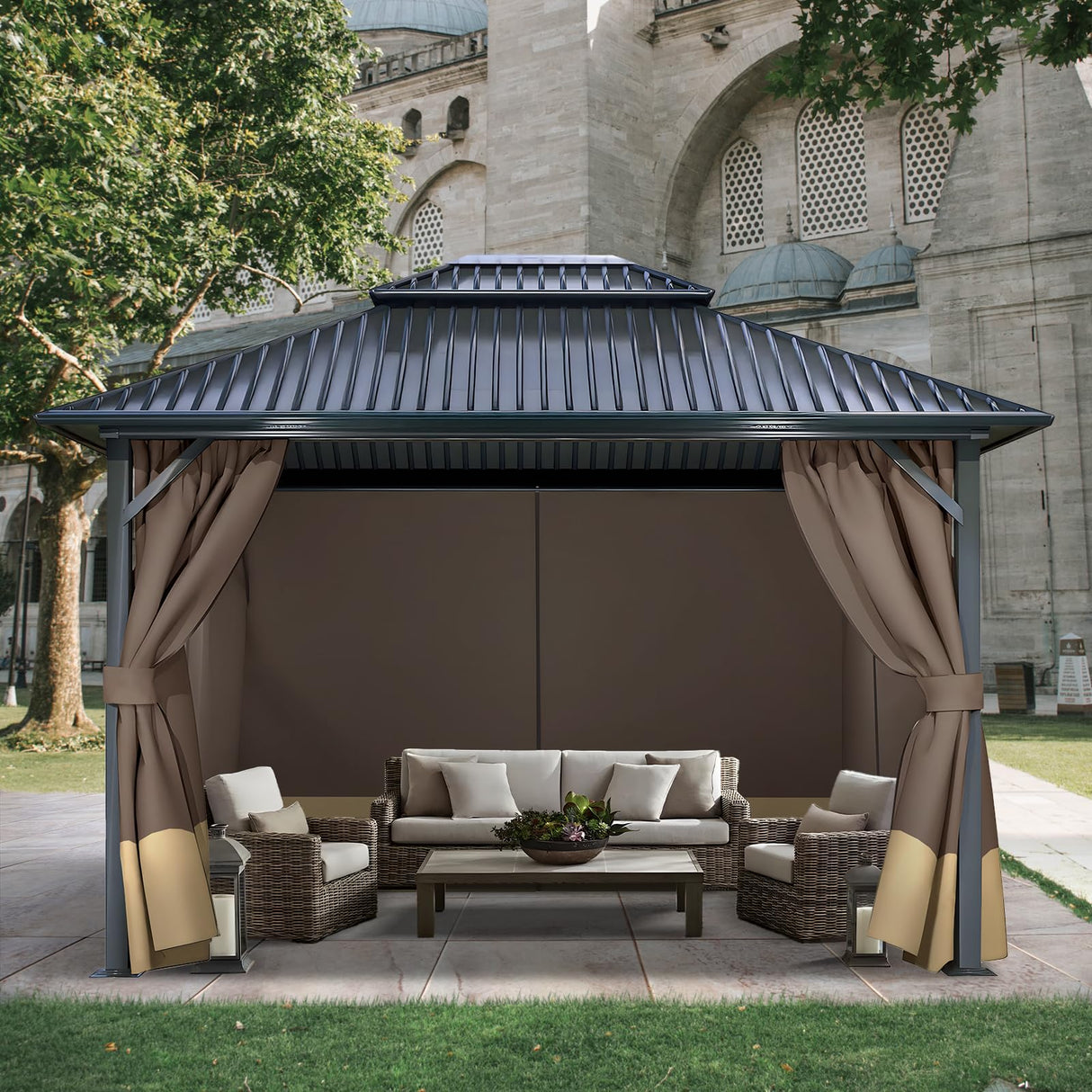 COWVIE 4-Panel 12' x 14' Gazebo Replacement Curtains, Patio Privacy Sidewalls with Double Zipper, Replacement for Outdoor Gazebo Canopy (Curtain Only) COWVIE