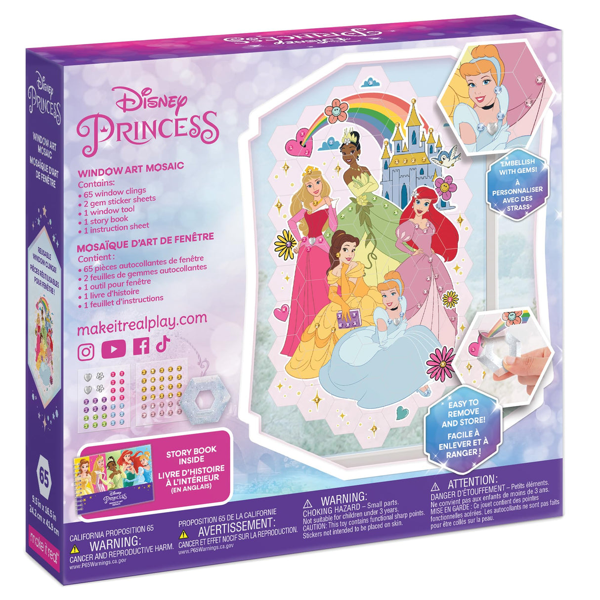 Make It Real Disney: Window Art Mosaic - Disney Princess - 70 pcs, Reusable Puzzle Window Clings, Creates a 9.5 x 16.5 Image, Kids Ages 6+ Make It Real