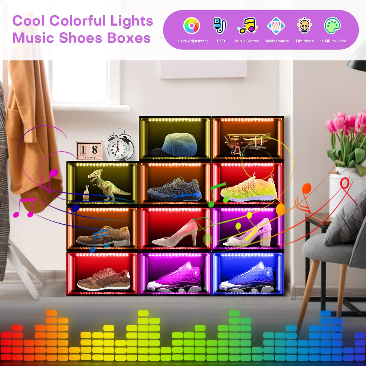 Oltraman Shoe Storage Organizer for Closet, Foldable Shoe Boxes Rack 2 pack, Clear Plastic Stackable Containers Bins Holder, Magnetic Sneaker Shelf for Sneakerheads with LED Lights (Black) Oltraman