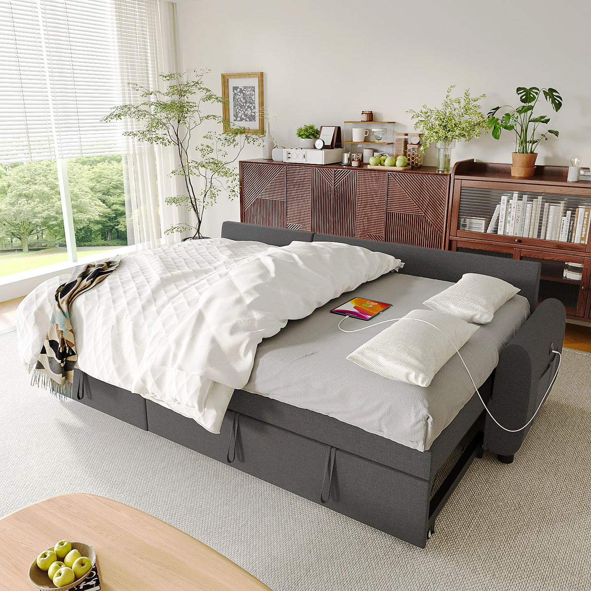 Ucloveria Sleeper Sofa Bed, 86" Convertible Sectional Sofa Couches for Living Room, Pull Out Couch Bed with Reversible Storage Chaise | USB Ports | Side Pockets | Removable Backrest Ucloveria