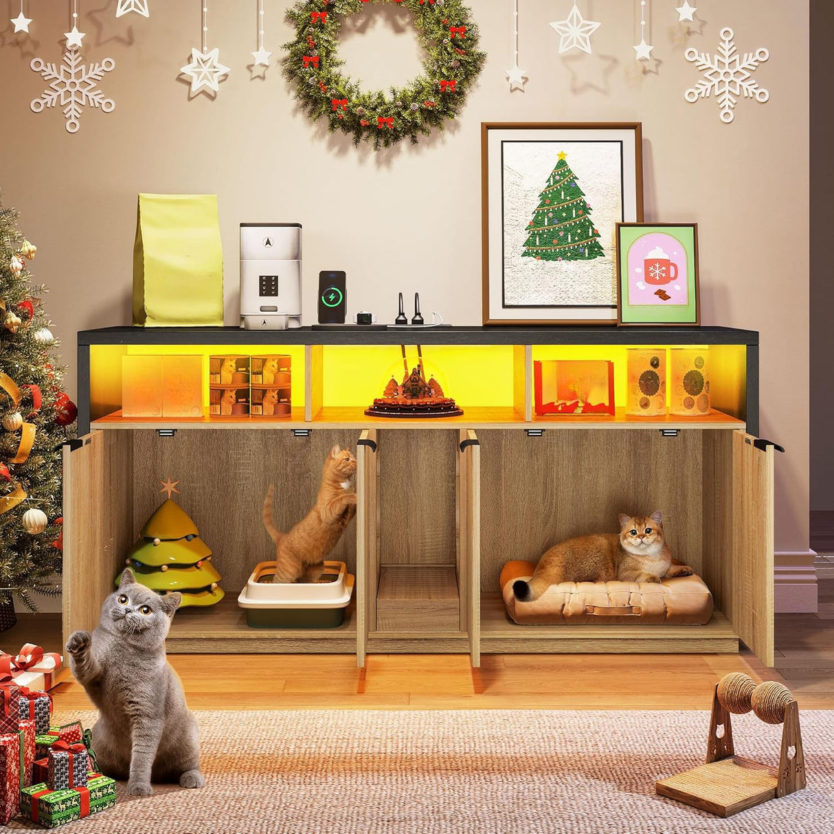 YITAHOME Double Hidden Cat Litter Box Enclosure with Power Outlet & LED Light, 60 Inch Dual Kitty Litter Box TV Stand Furniture for 2 Cats, Wooden Cat Cabinet for Indoor Cats, Grey Oak YITAHOME