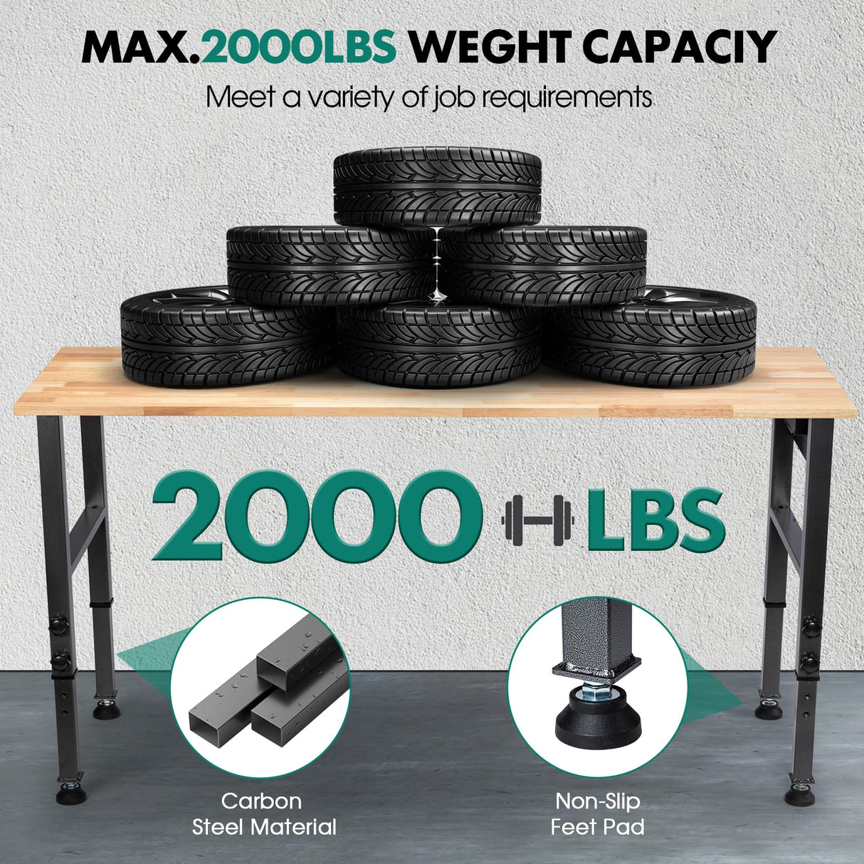 OLBRUS 60" Heavy-Duty Adjustable Workbench for Workshop Office Garage Home, Hardwood Workstation, Heavy Duty 2000 LBS Load for Adjustable Foot Pads OLBRUS