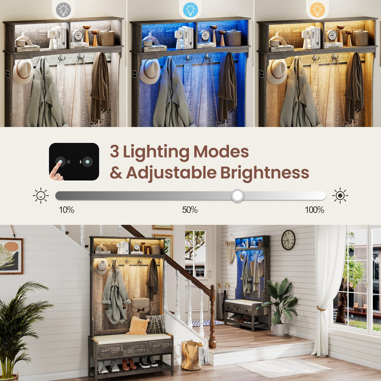 MDGC Farmhouse Hall Tree with Cushioned Bench and Shoe Storage for Mudroom, Hallway, Living Room,4-in-1 Entryway Bench with LED Lights,Motion Sensor,Coat Rack and 3 Drawers,Dark Rustic Oak MDGC