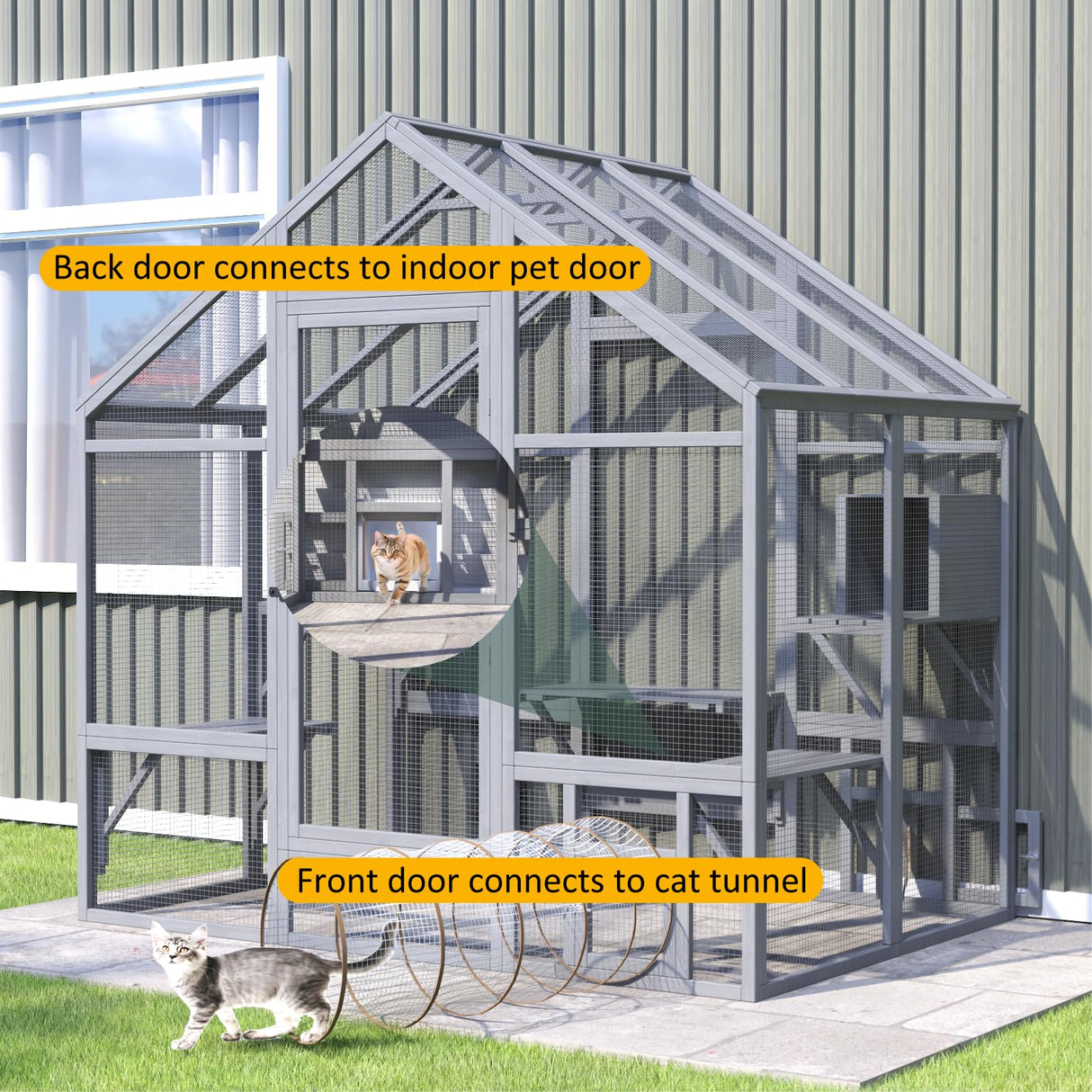 TIMHAKA Catio Outdoor Cat Enclosure, Large Outdoor House for Multiple Cats with 7 Platforms, 2 Resting Box, Wooden Cage for Patio, Outside Shelter with Weatherproof Cover, 71 x 49 x 71 inch TIMHAKA