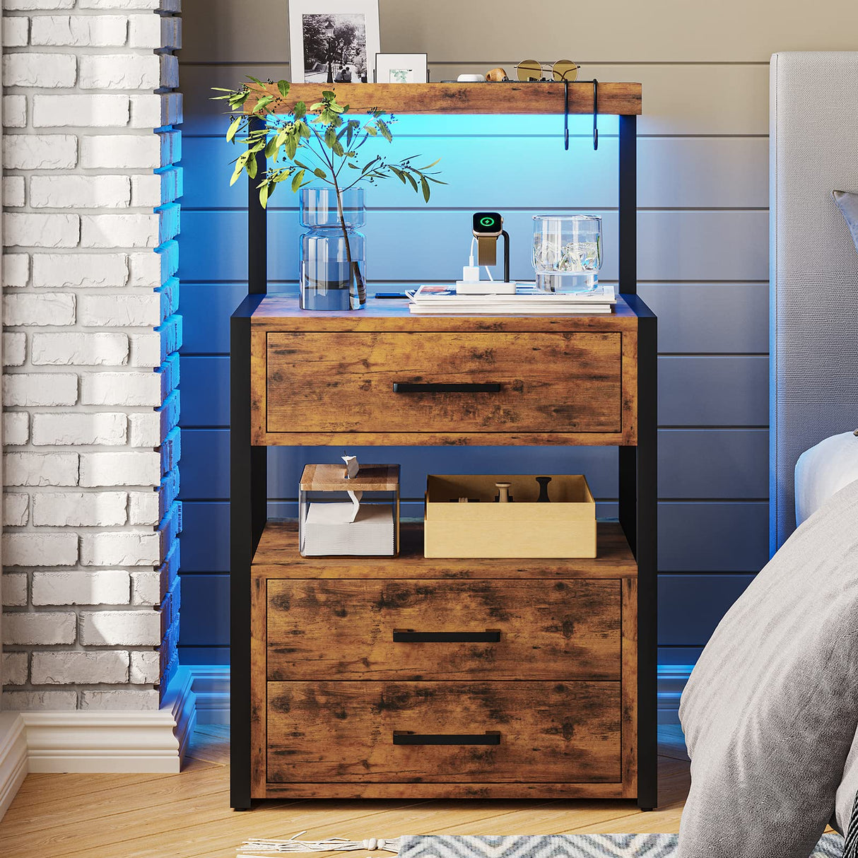 AOGLLATI Nightstand Set of 2 with Charging Station and LED Lights, Bedside Table with 3 Drawers and Open Storage Shelves, 2 USB Ports and 2 AC Outlets, LED Night Stand for Bedroom, Rustic Brown AOGLLATI