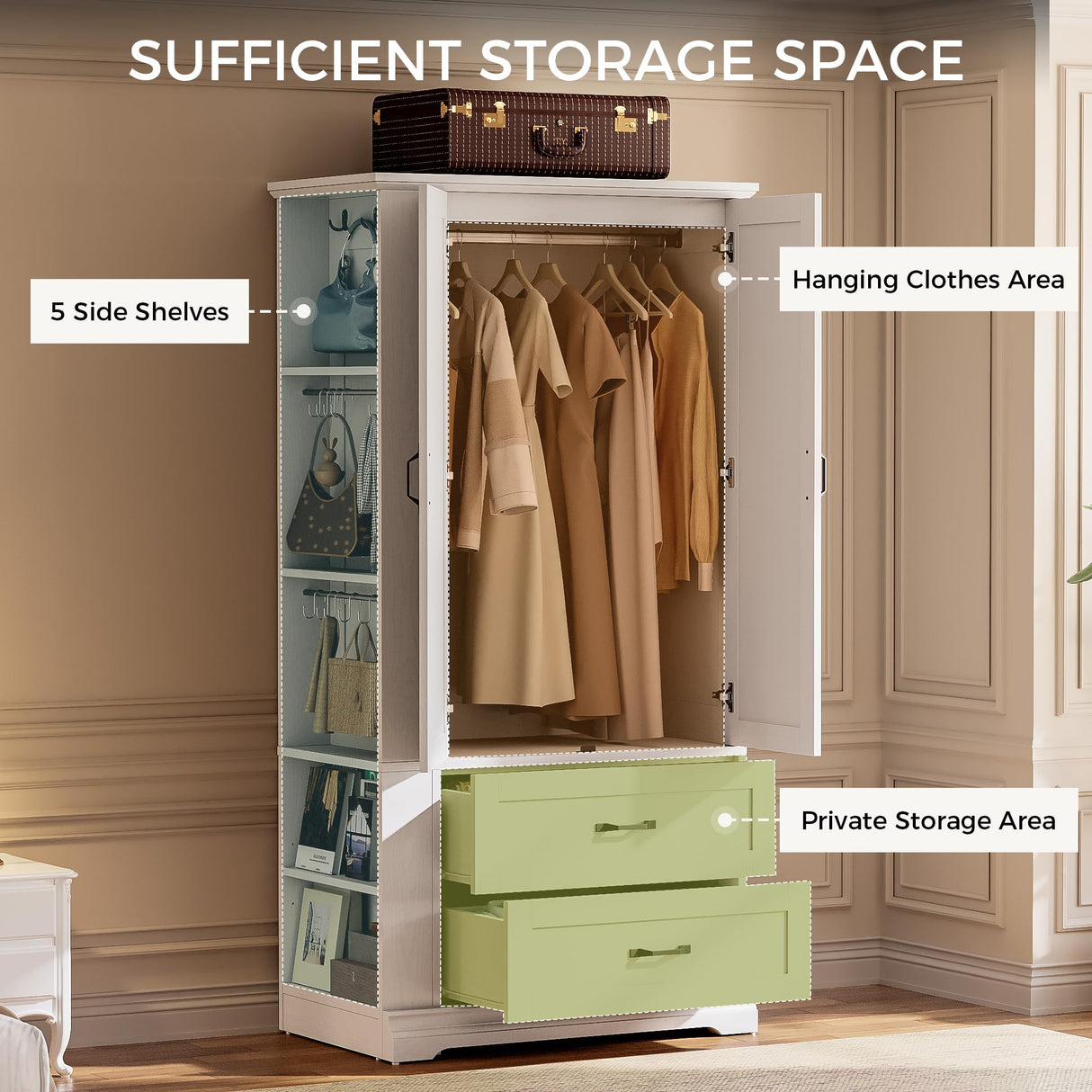 IRONCK Armoire Wardrobe Closet, 70.87" H Wooden Bedroom Armoire with 2 Louvered Doors, 2 Drawers and Shelves, Large Freestanding Clothing Storage Cabinet, White IRONCK