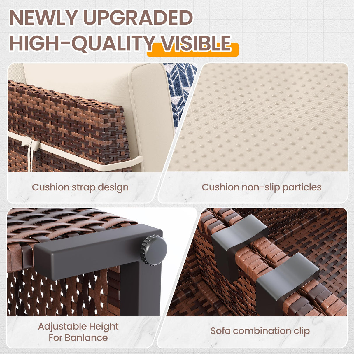 UDPATIO Patio Furniture Set with 44'' Fire Pit Table,Modular Outdoor Furniture Sets,Slanted Back Outdoor Sectional Conversation Set PE Rattan Sofa for Backyard W/Coffee Table,4'' Cushions,8 PCS,Khaki UDPATIO