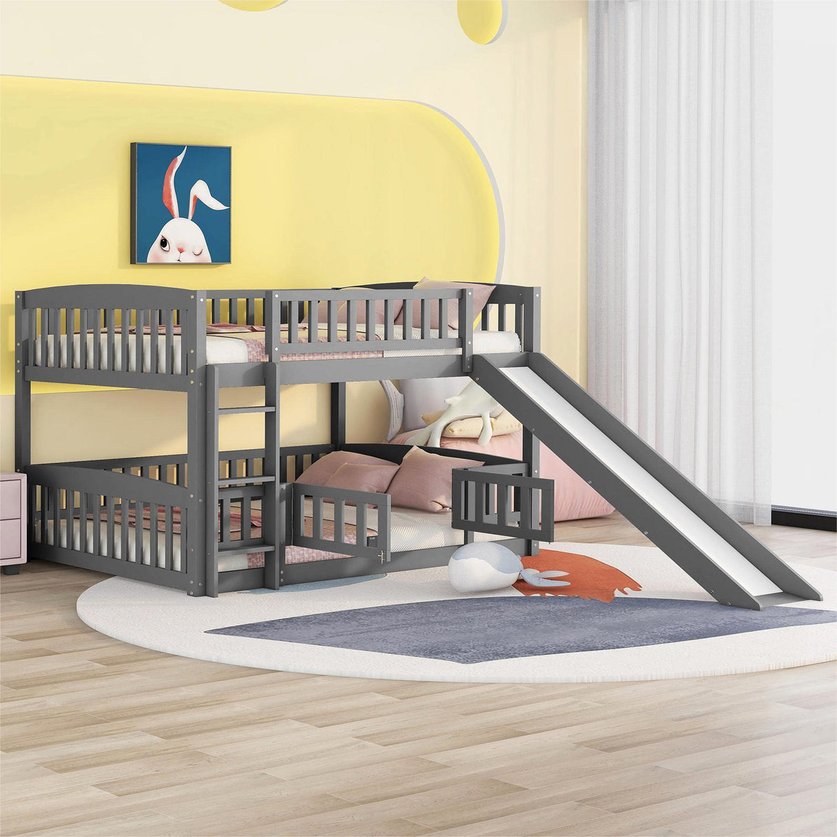 Harper & Bright Designs Bunk Bed with Slide, Full Over Full Low Bunk Bed with Fence & Ladder for Toddler Kids Girls Boys (Gray) Harper & Bright Designs