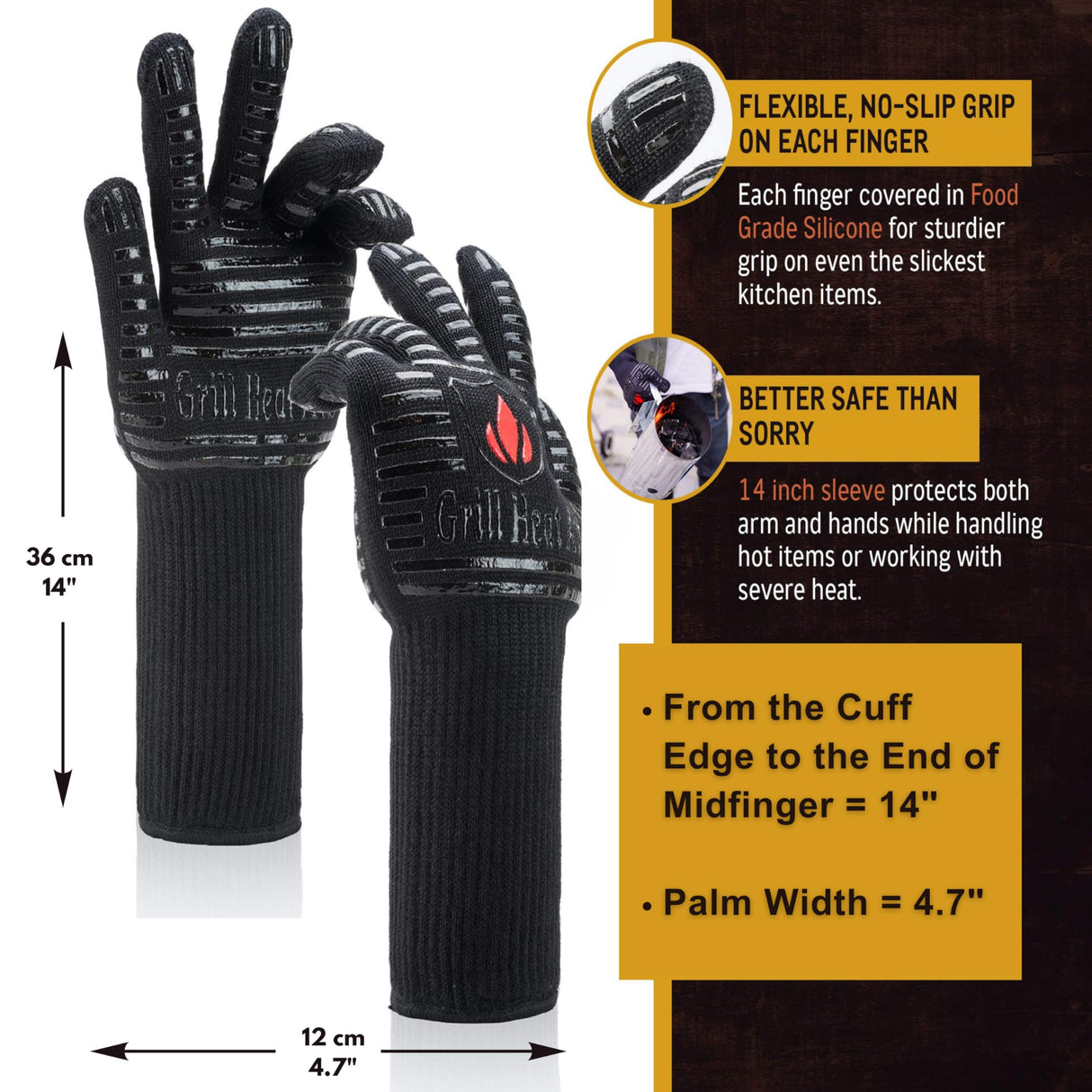GRILL HEAT AID Premium BBQ Gloves - 1472°F Heat Resistant Gloves for Grilling, Longer Cuff Grill Gloves Heat Proof for Men, Oven Mitts for Baking, Pizza, Barbecue, Cast Iron, Fire Pit, Fireplace Grill Heat Aid