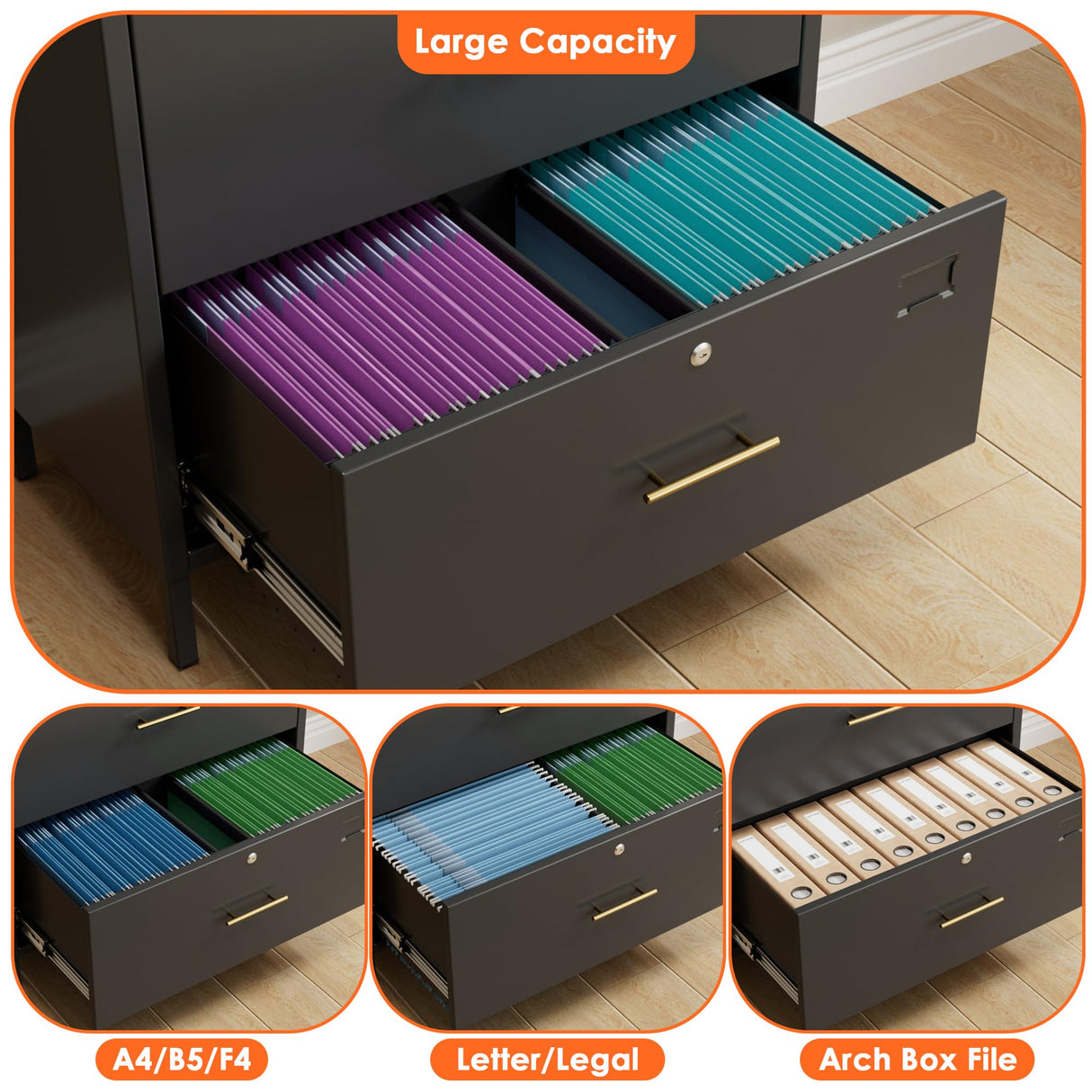 GangMei 2 Drawer Lateral File Cabinets for Home Office, 73 inch Tall Metal Arch Cabinet with Locking Glass Doors, Black Arched Bookcase with Drawers for A4/Letter/Legal File(Assemble Required) GangMei