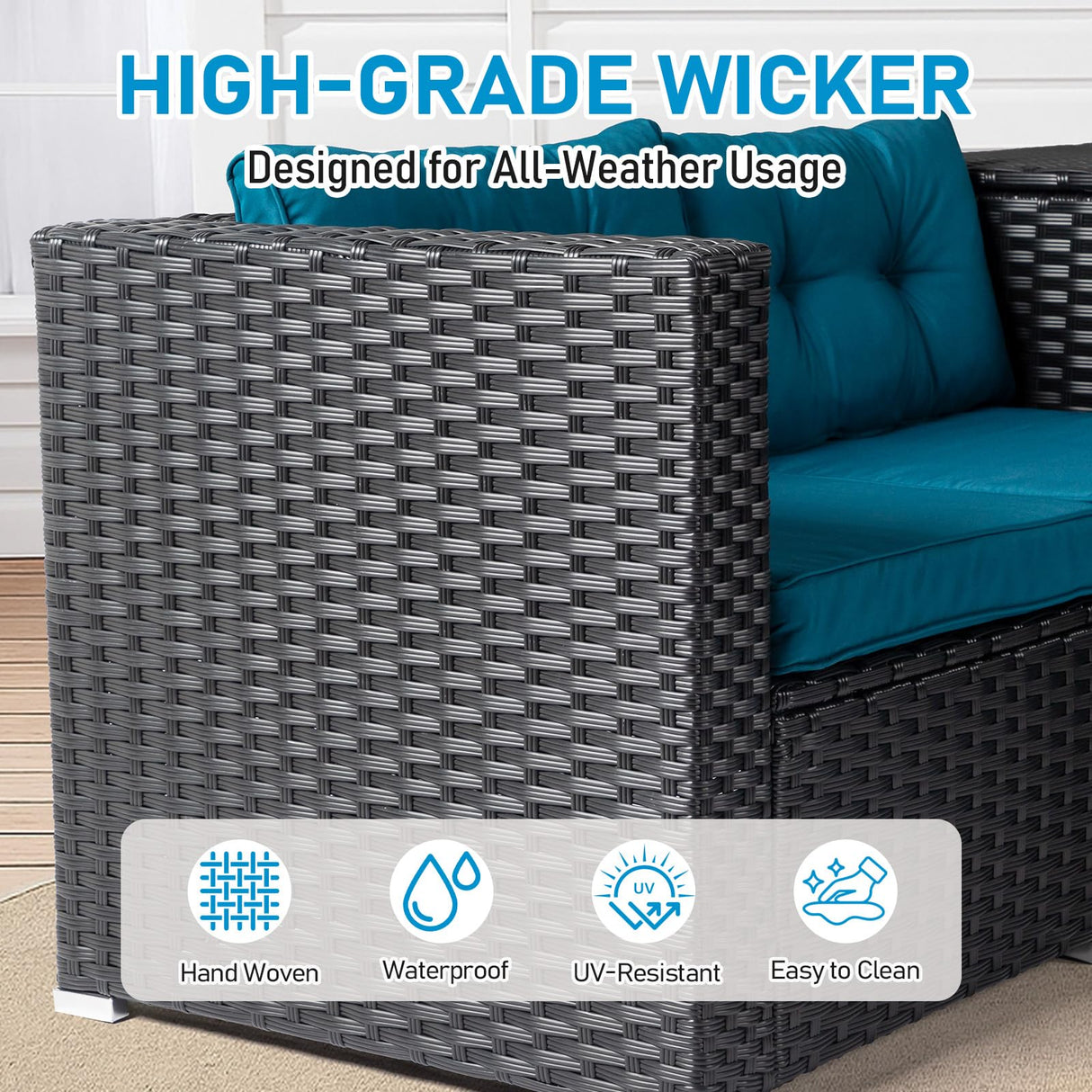 VINGLI 4 Pieces Outdoor Sectional Wicker Patio Furniture Set, Patio Sectional Sofa with Hidden Storage Outdoor Conversation Set, Glass Top Coffee Table for Backyard, Pool, Garden(Black) VINGLI