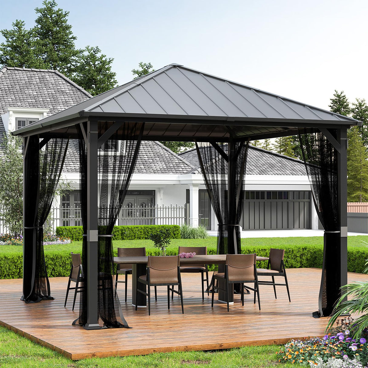 UDPATIO 10' x 10' Hardtop Gazebo, Metal Gazebo with Galvanized Steel Roof, Outdoor Permanent Pavilion with Netting for Patio, Backyard, Deck and Lawns UDPATIO
