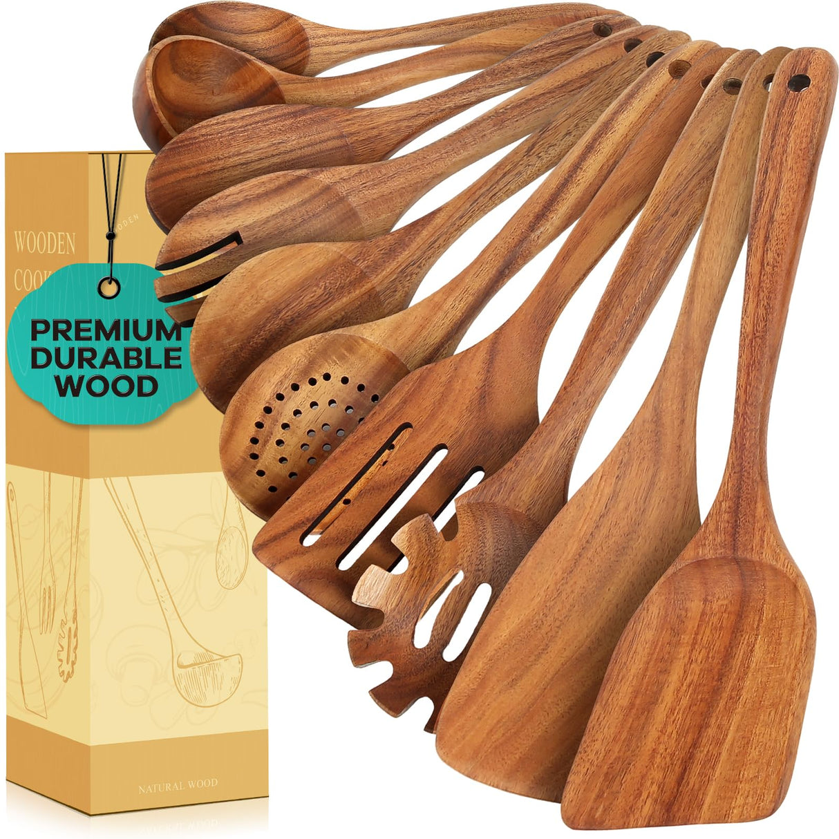 Teak Wooden Kitchen Utensils Set, High Resistant Wooden Spoons for Cooking, Nonstick Cooking Essential Utensils, Set of 10 ANBUY