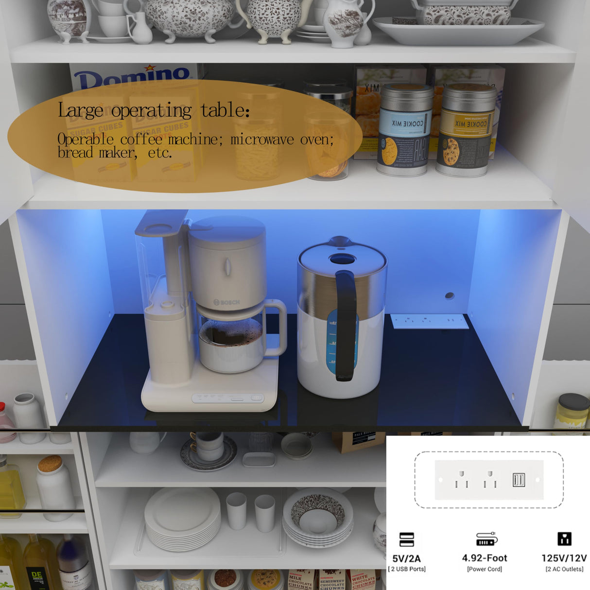 Fluted Pantry Cabinet,71.7'' Tall Kitchen Pantry Cabinet with LED Light & Charging Station, Kitchen Storage cabinets with 2 Drawers, Adjustable Shelves&Open Countertop for Dining Room, White Lezyhaus