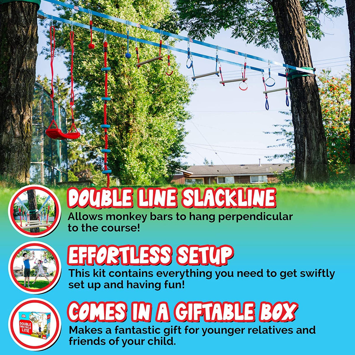 Double Ninja Slackline Obstacle Course for Kids | 110 Foot Line | Monkey Bars Playground Equipment | Ninja Warrior Obstacle Course for Kids | Patented Double Line Design (Deluxe) Lily's Things