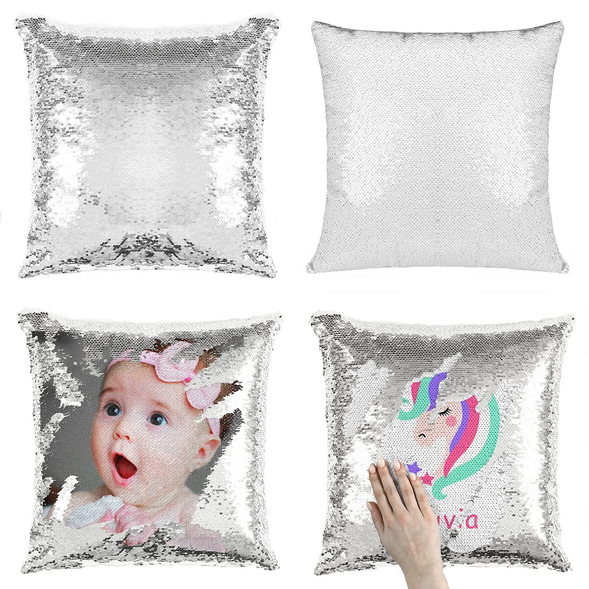 HMQIANG Sublimation Sequin Pillow Cases Blank 16 x 16 Inch 4PCS Silver and White Reversible Mermaid Flip Glitter Pillow Covers HMQIANG