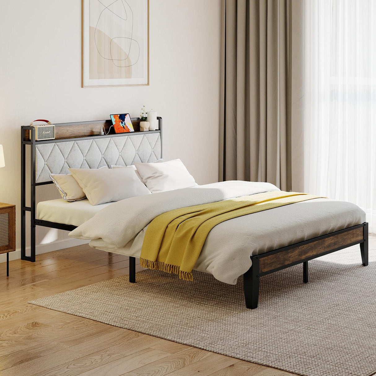 Sweetcrispy Queen Bed Frame with Headboard, Storage Headboard with USB Charging Station, Durable Squeak-Free Frame, Simple No-Tool Assembly,Works with Queen Mattress No Box Spring Needed Sweetcrispy